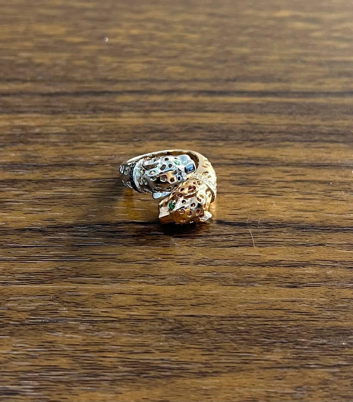 Two Tone Snow Leopard Golden Panther 14K Two Head Rose White Gold Statement Ring For Sale 1