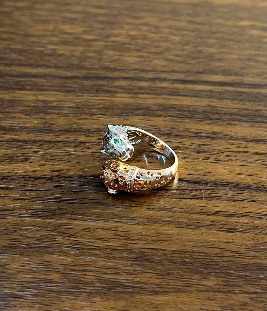 Two Tone Snow Leopard Golden Panther 14K Two Head Rose White Gold Statement Ring For Sale 2