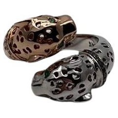 Two Tone Snow Leopard Golden Panther 14K Two Head Rose White Gold Statement Ring