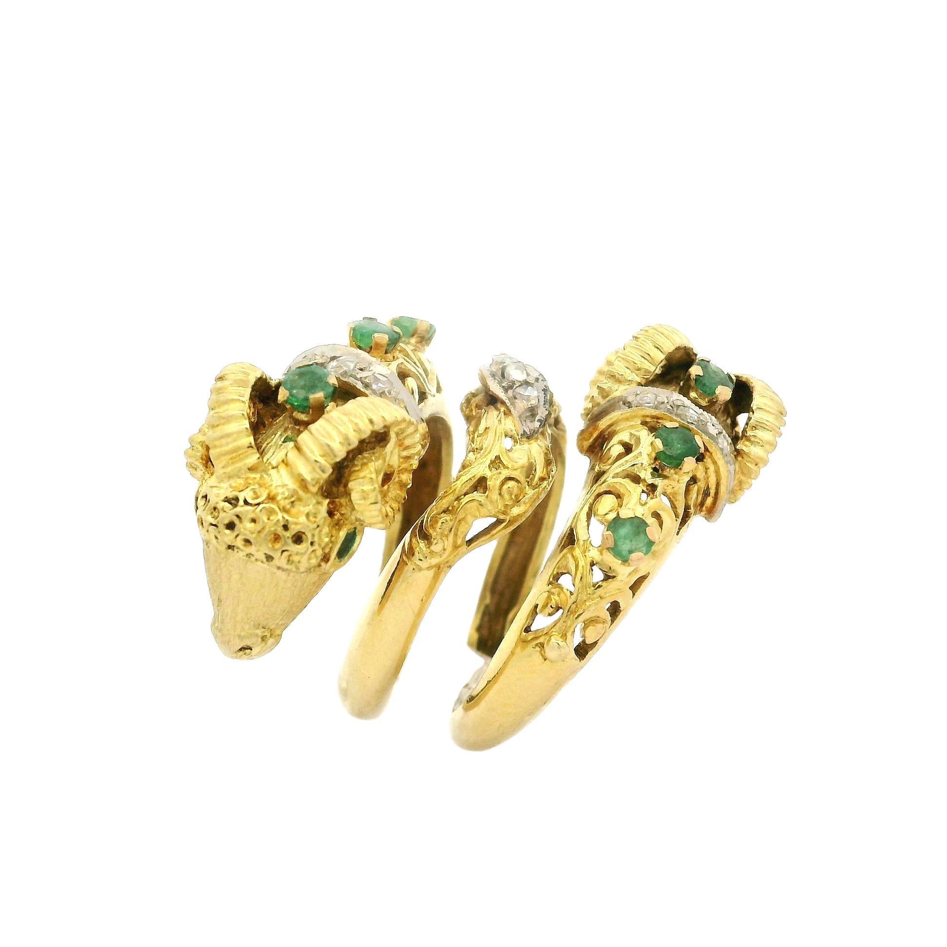Two Tone Solid Gold Emerald & Diamond Coil Wide Dual Rams Head Wrap Ring 5