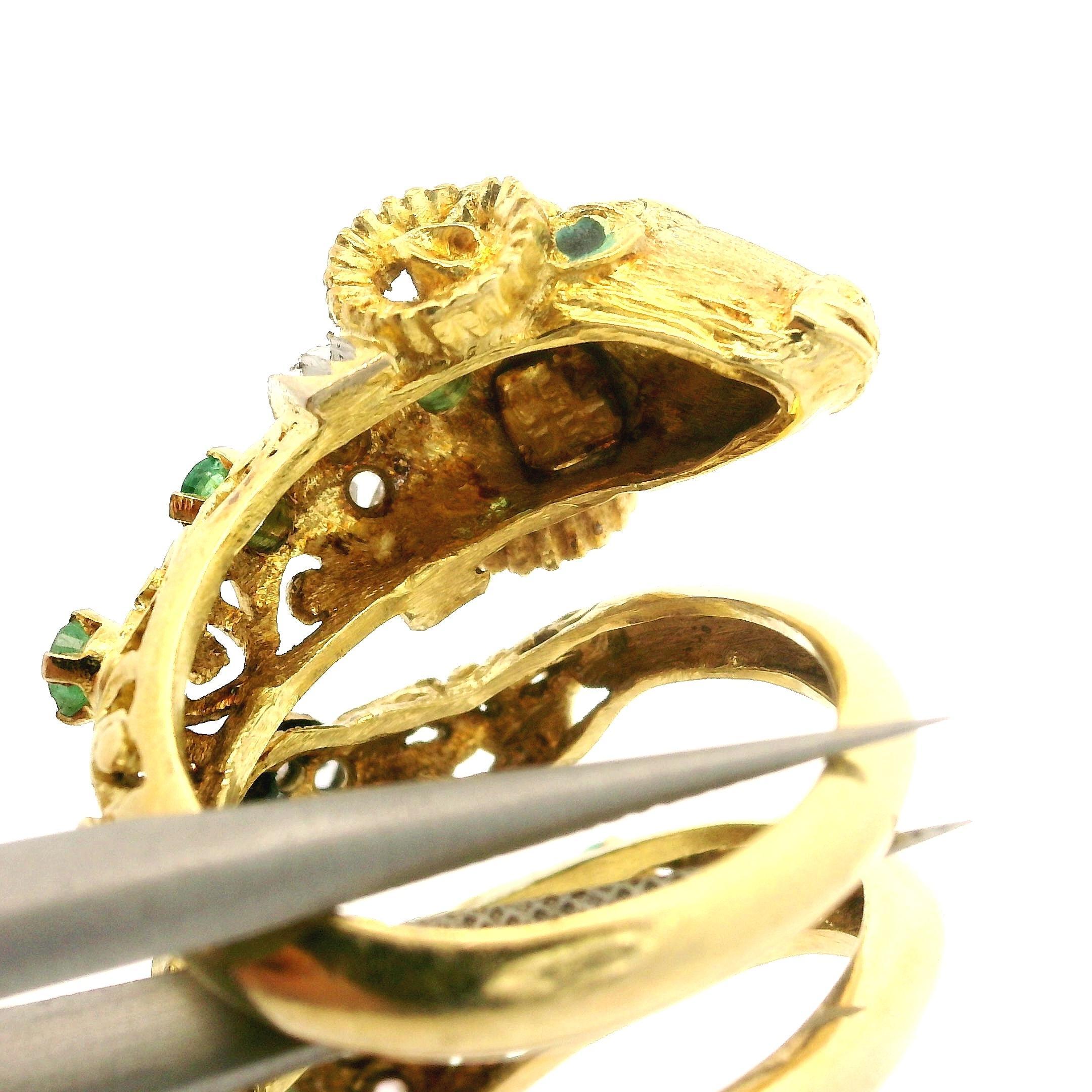 Two Tone Solid Gold Emerald & Diamond Coil Wide Dual Rams Head Wrap Ring 6