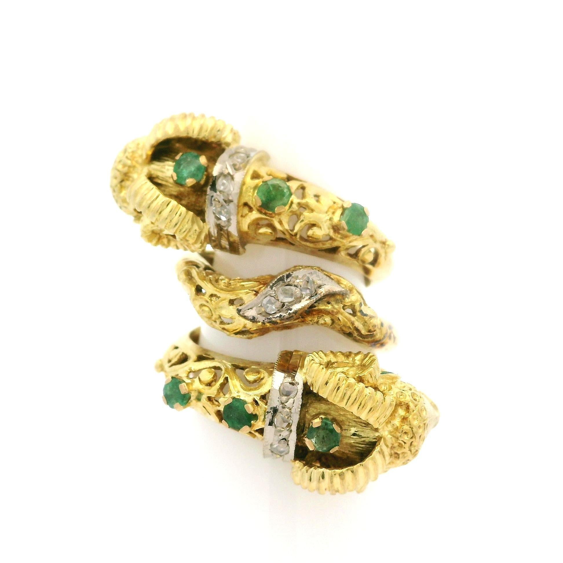 Two Tone Solid Gold Emerald & Diamond Coil Wide Dual Rams Head Wrap Ring 7
