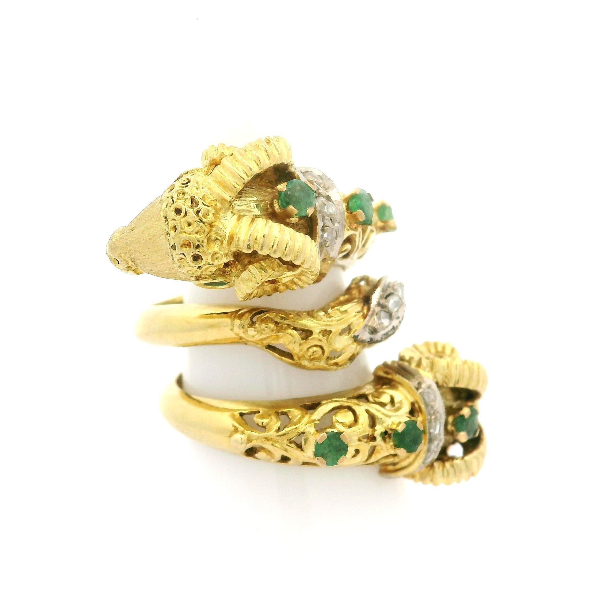 Two Tone Solid Gold Emerald & Diamond Coil Wide Dual Rams Head Wrap Ring 8