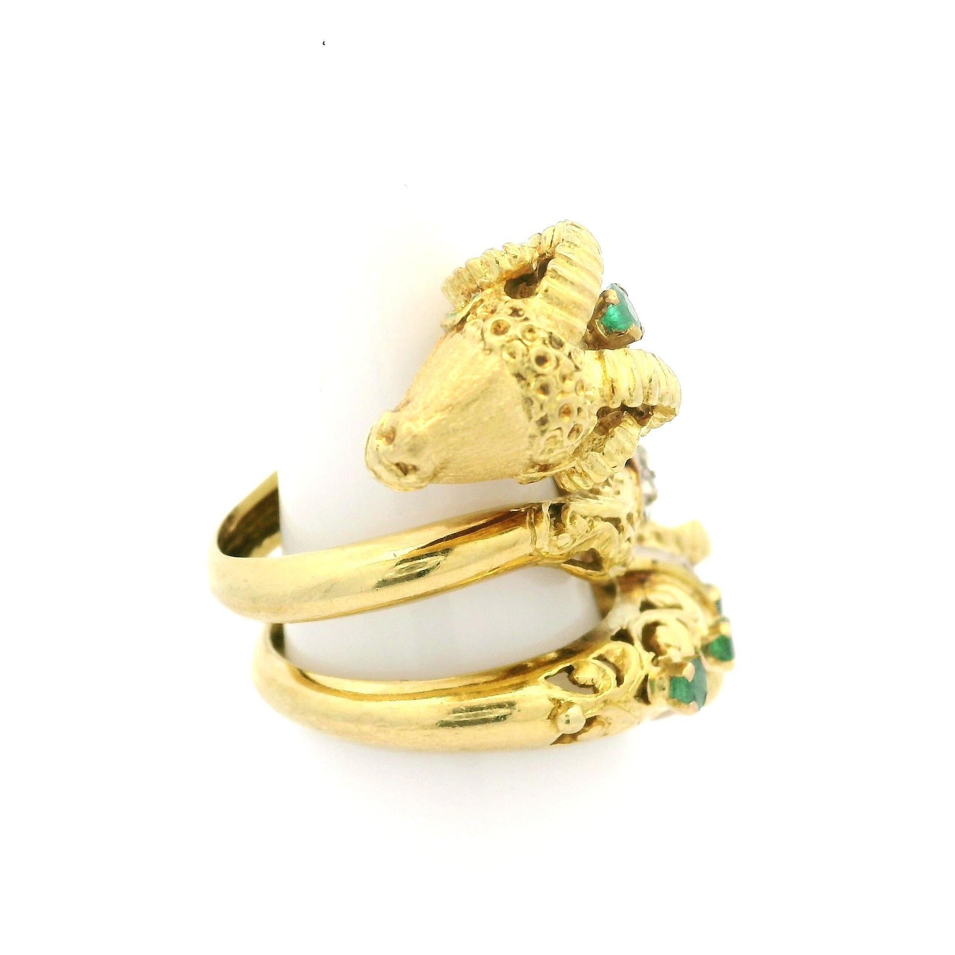 Two Tone Solid Gold Emerald & Diamond Coil Wide Dual Rams Head Wrap Ring 9
