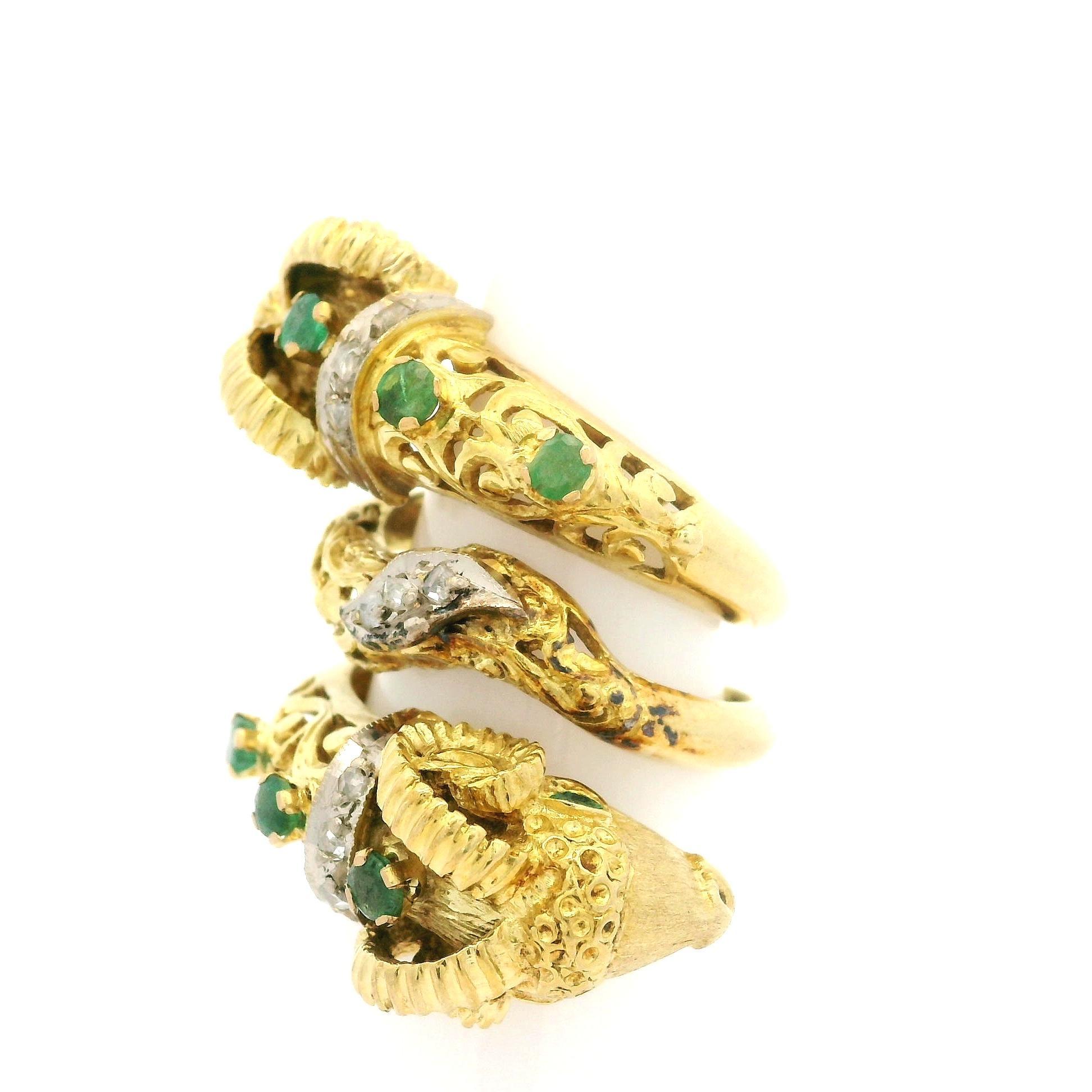 Two Tone Solid Gold Emerald & Diamond Coil Wide Dual Rams Head Wrap Ring 10
