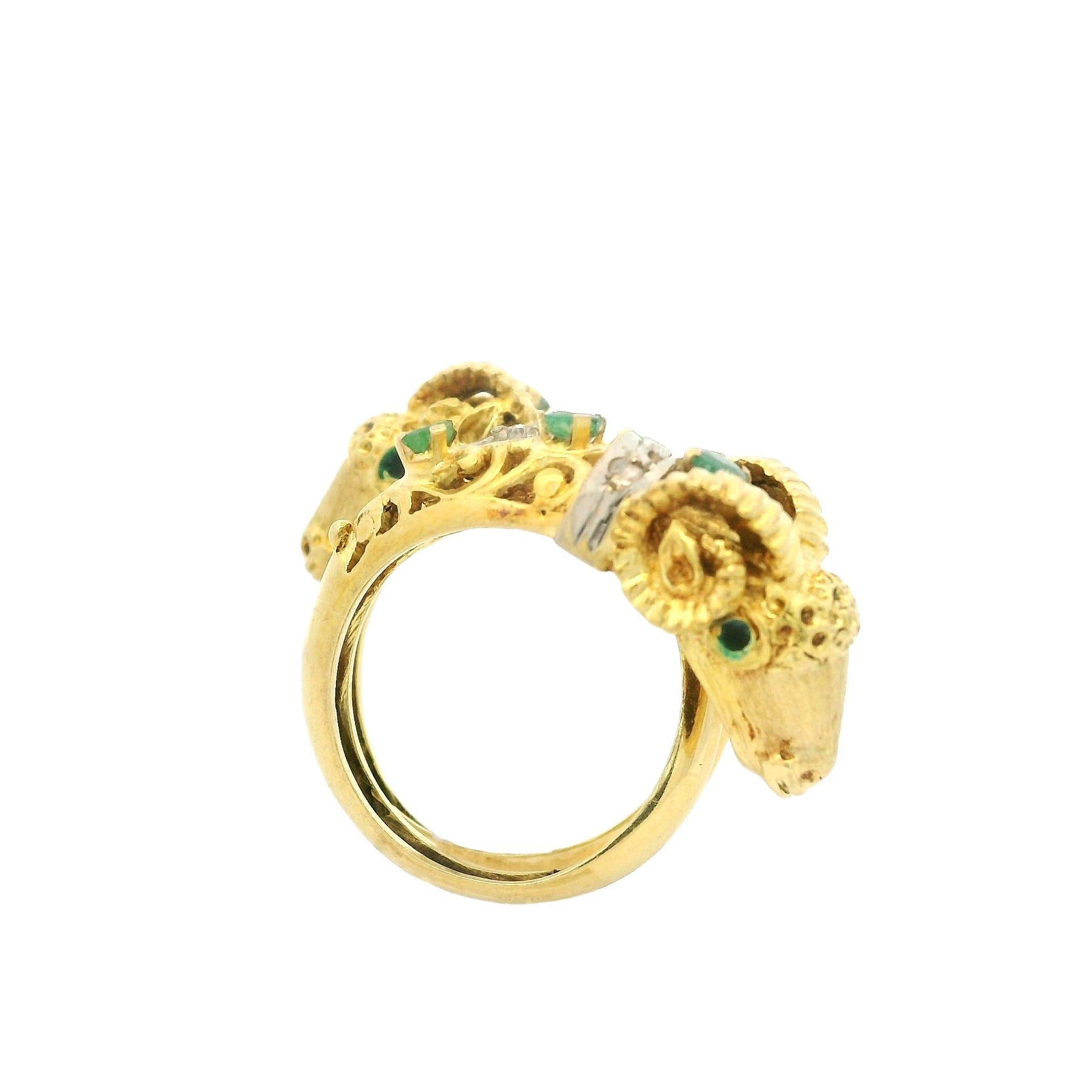 Two Tone Solid Gold Emerald & Diamond Coil Wide Dual Rams Head Wrap Ring 11