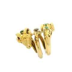 Two Tone Solid Gold Emerald & Diamond Coil Wide Dual Rams Head Wrap Ring