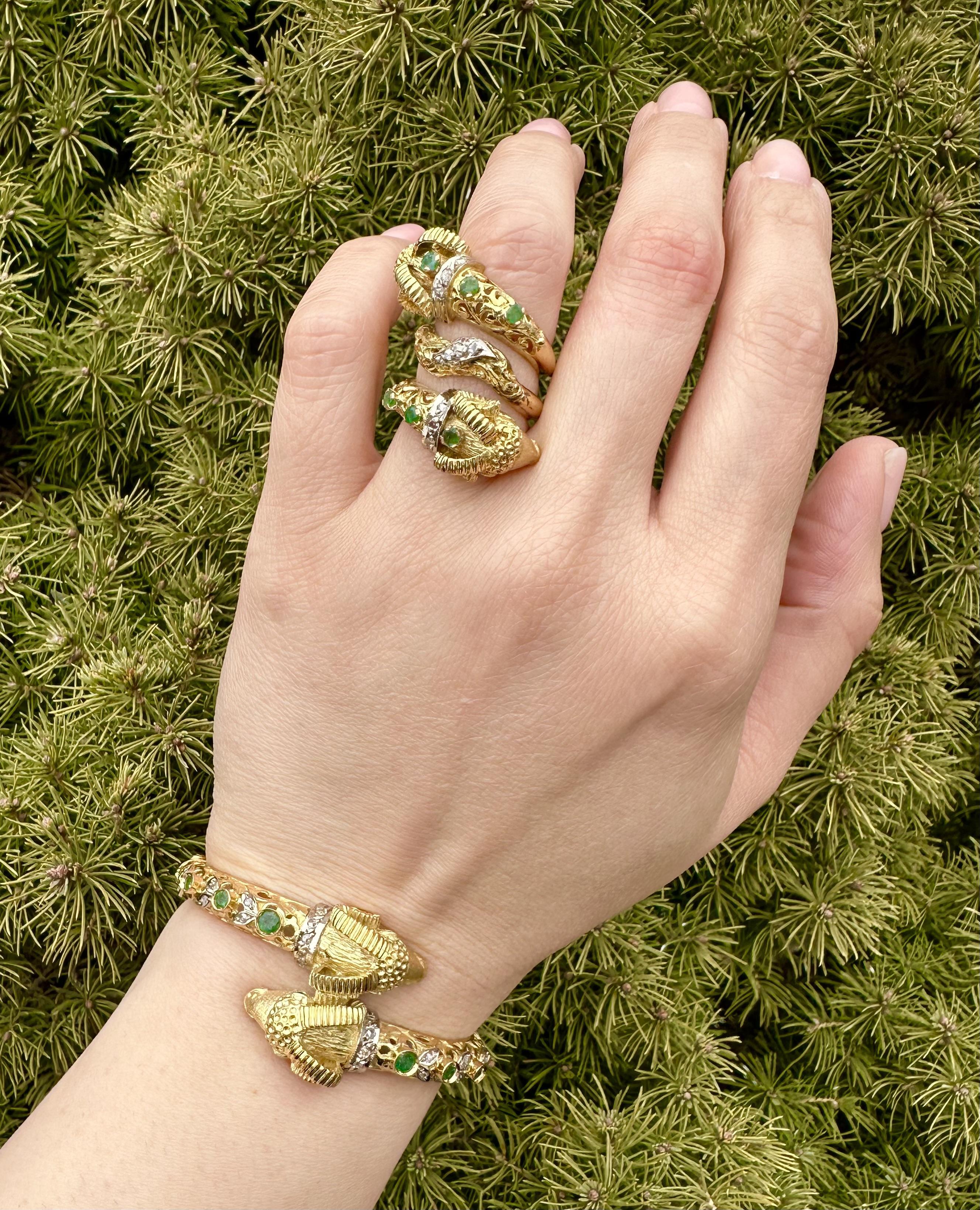 Brilliant Cut Two Tone Solid Gold Emerald & Diamond Coil Wide Dual Rams Head Wrap Ring