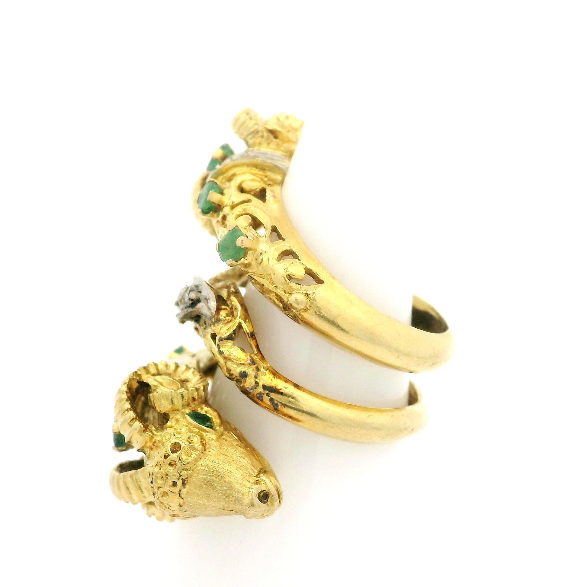 Two Tone Solid Gold Emerald & Diamond Coil Wide Dual Rams Head Wrap Ring 2
