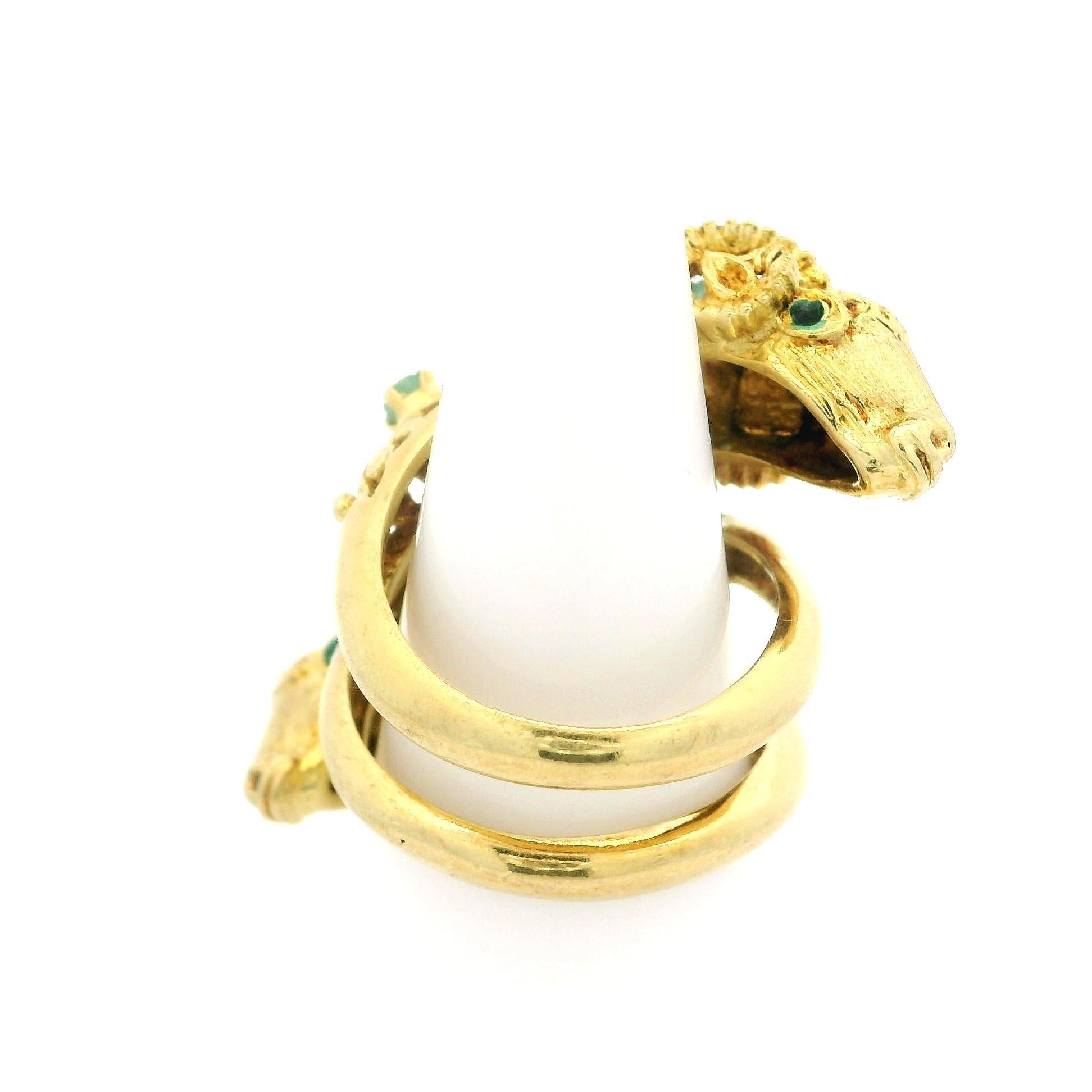 Two Tone Solid Gold Emerald & Diamond Coil Wide Dual Rams Head Wrap Ring 3