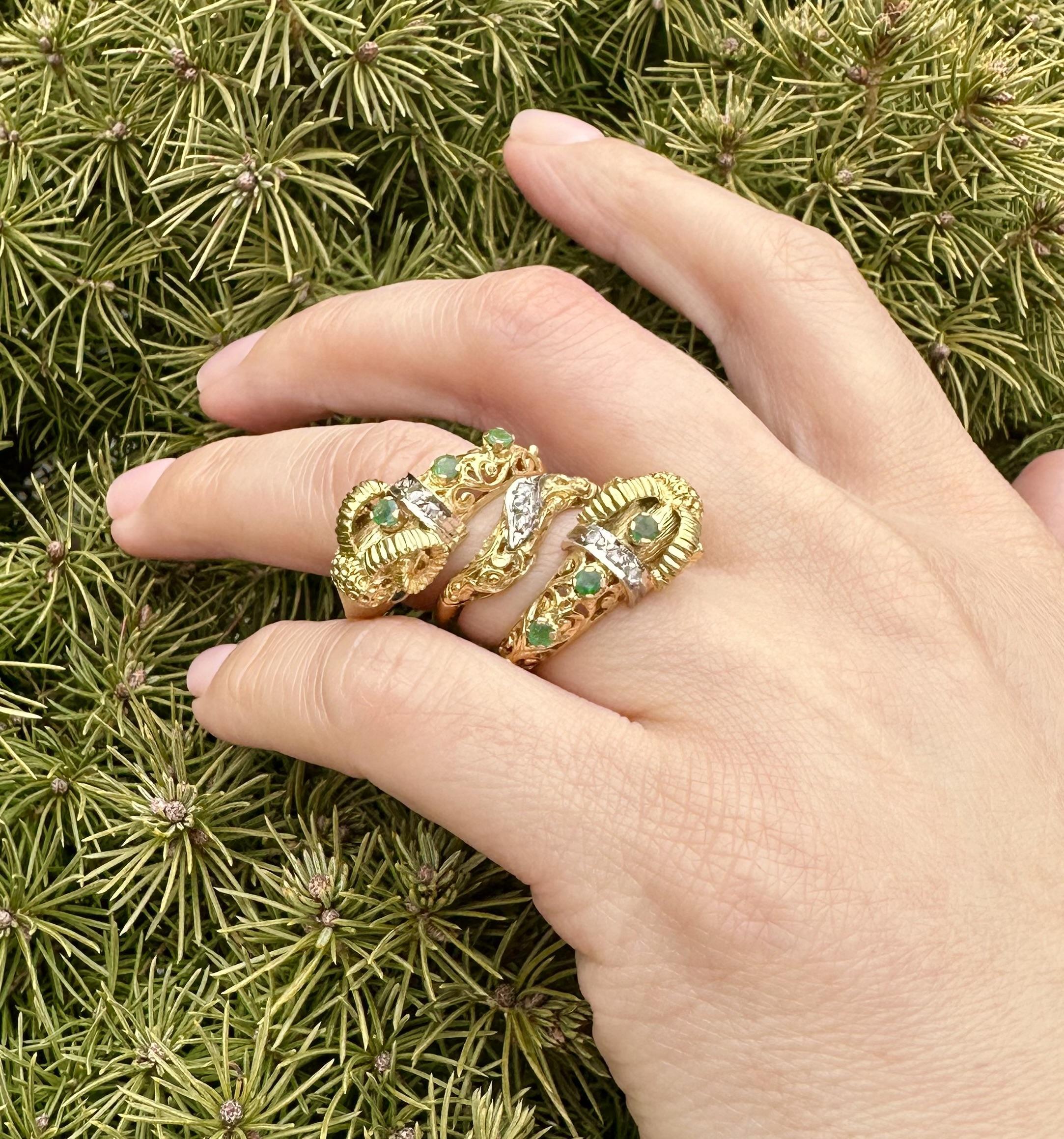 Two Tone Solid Gold Emerald & Diamond Coil Wide Dual Rams Head Wrap Ring 4