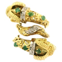 Two Tone Solid Gold Emerald & Diamond Coil Wide Dual Rams Head Wrap Ring