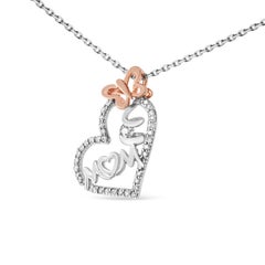 Two Tone Sterling Silver 1/5 Carat Diamond "Mom" & Heart Pendant Necklace