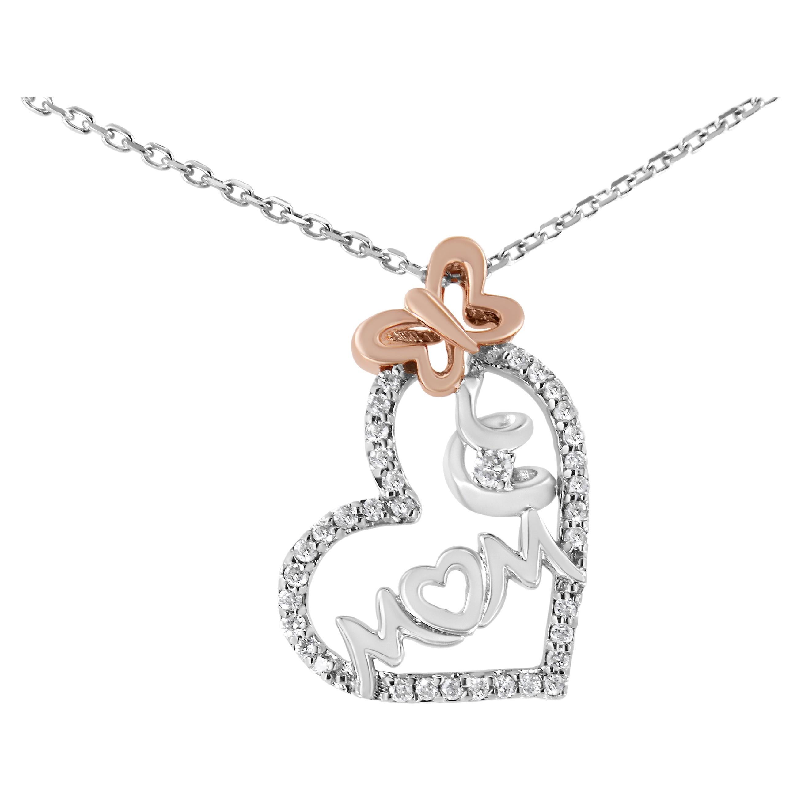 Two Tone Sterling Silver 1/5 Carat Diamond "Mom" & Heart Pendant Necklace For Sale