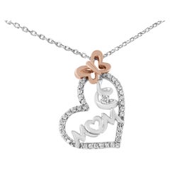 Two Tone Sterling Silver 1/5 Carat Diamond "Mom" & Heart Pendant Necklace