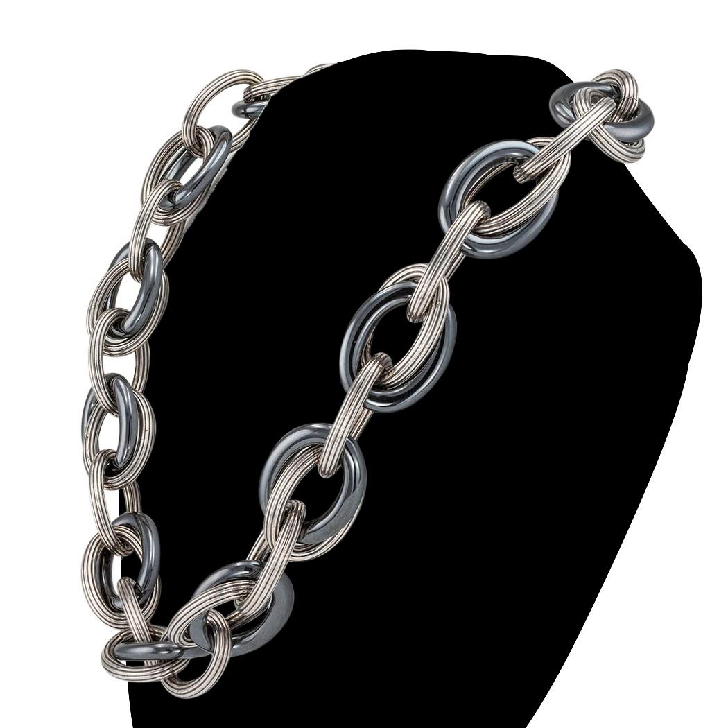Modern Sterling Silver Hematite Toggle Link Necklace