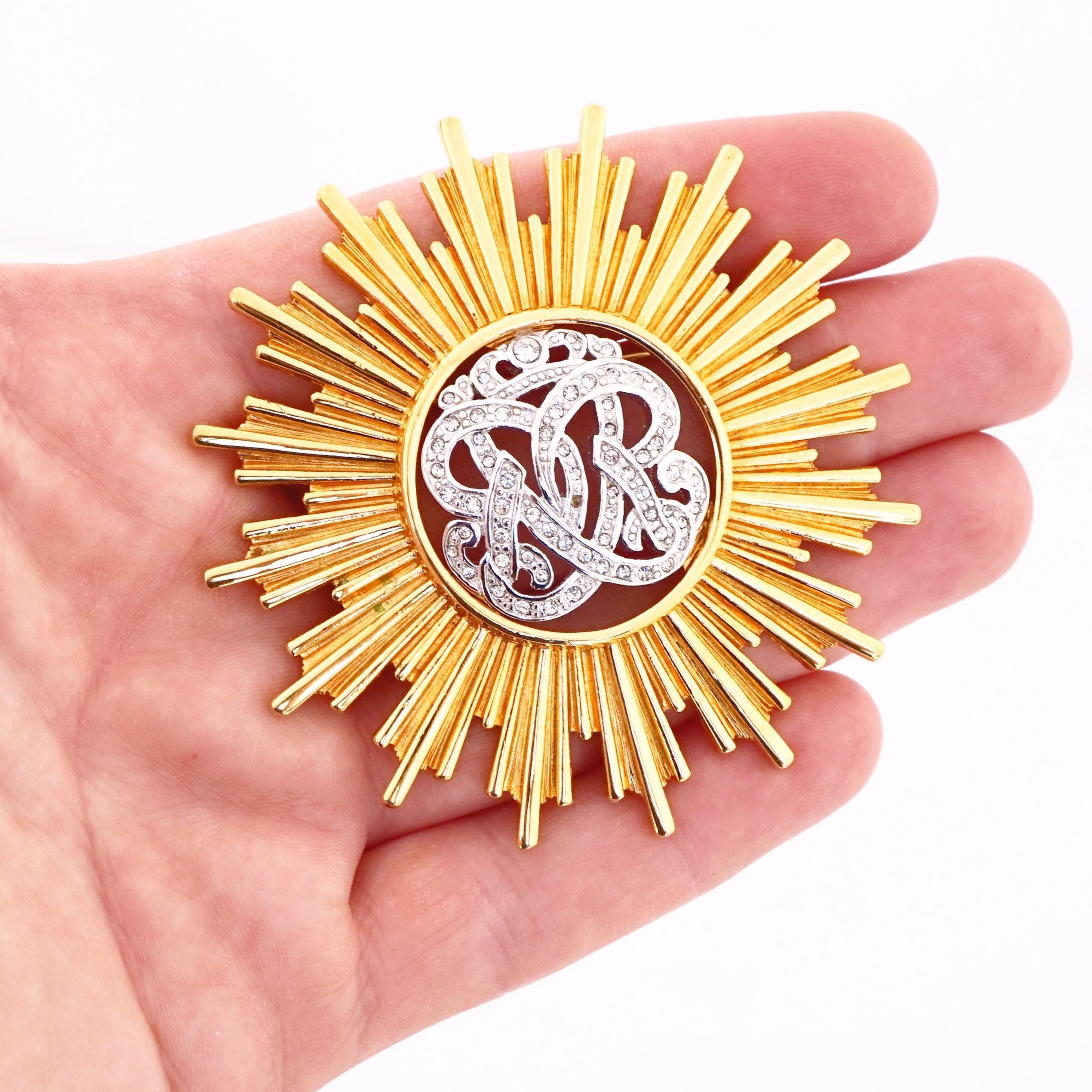 Modern Two Tone Sunburst Brooch With Coronet Royal Insignia By Monet, 1980s For Sale
