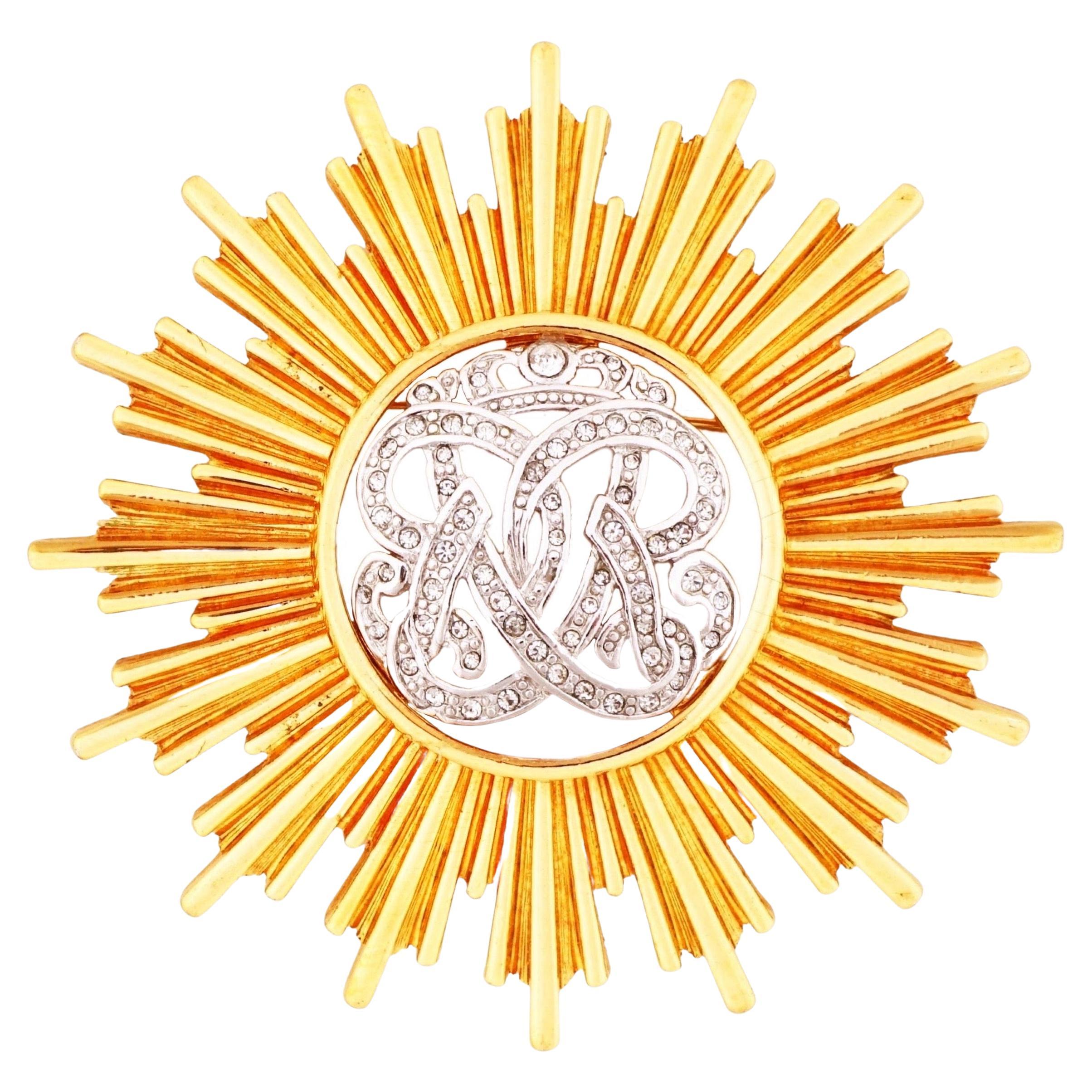 Two Tone Sunburst Brooch With Coronet Royal Insignia By Monet, 1980s For Sale