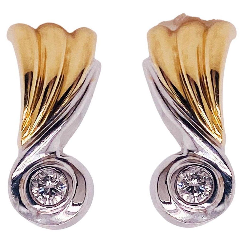 Two-Tone Swirl Retro Revival Diamond 14K White & Yellow Gold Stud Earrings Lv For Sale