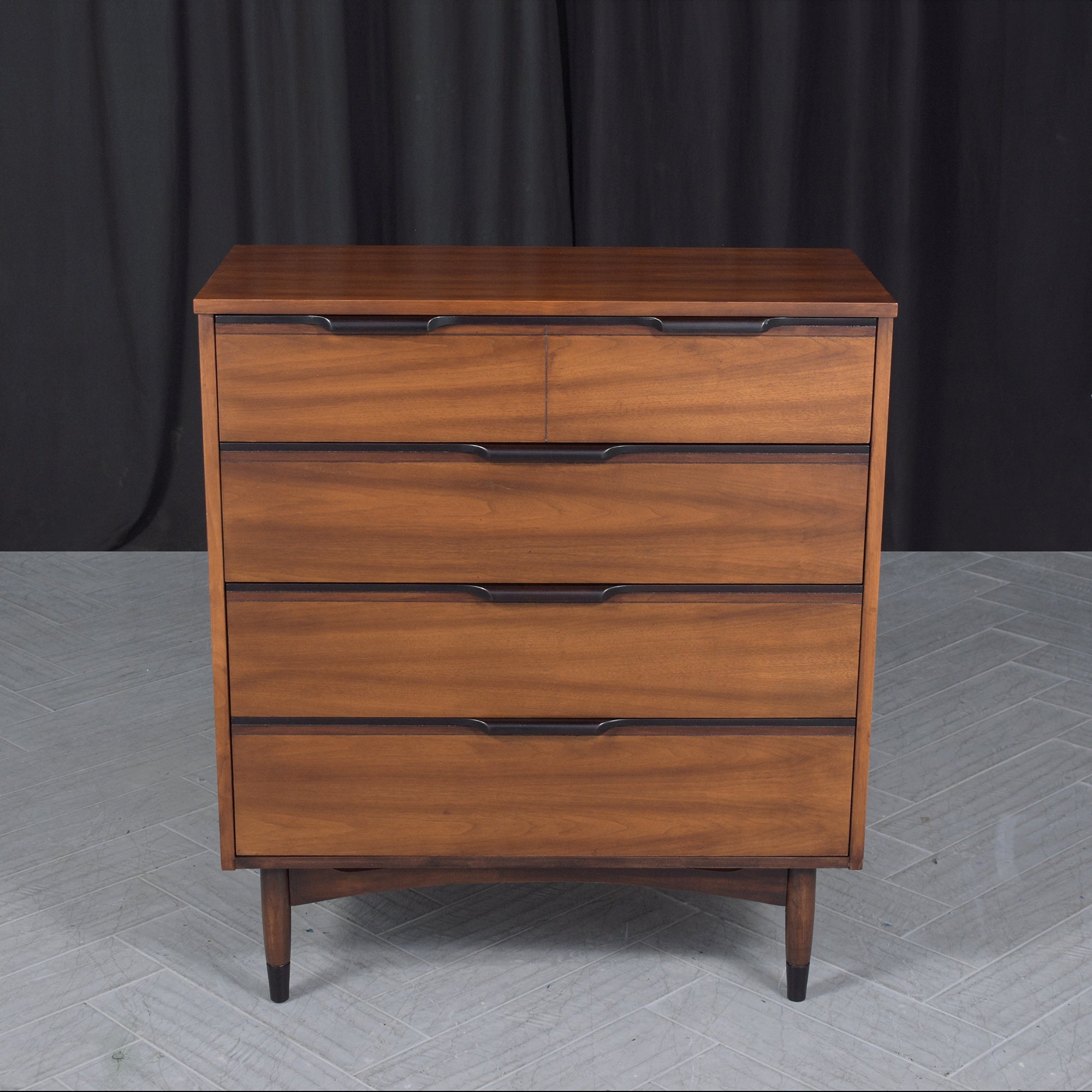 Elevate your home with our beautifully restored modern walnut dresser, a testament to exquisite craftsmanship and timeless design. Created by our skilled in-house team, this dresser combines premium walnut wood with a sophisticated two-tone color