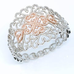 Two-Tone White and Rose Gold Filigree Diamond Bangle Cuff Bracelet
