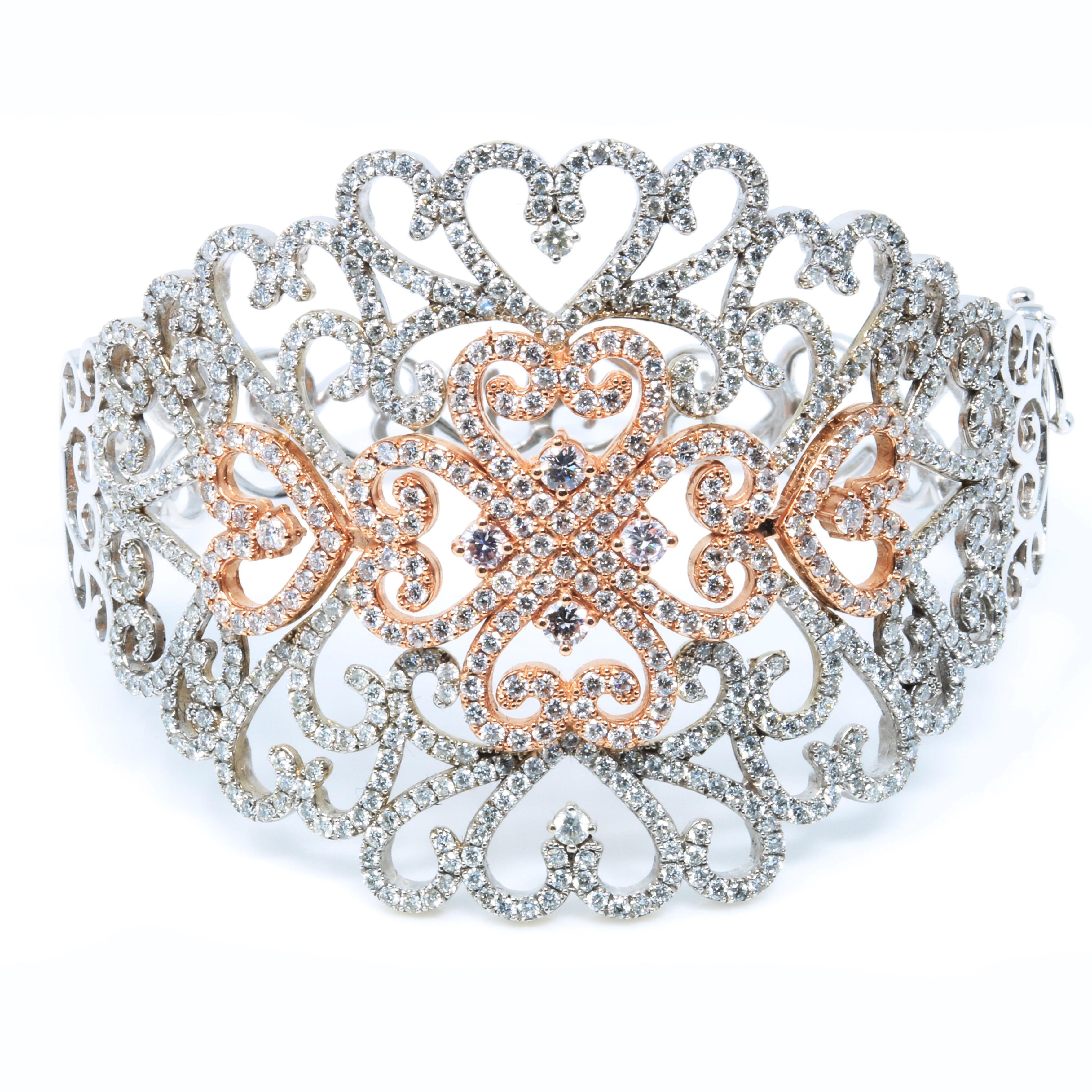 Contemporary Two-Tone White and Rose Gold Filigree Diamond Bangle Cuff Bracelet For Sale