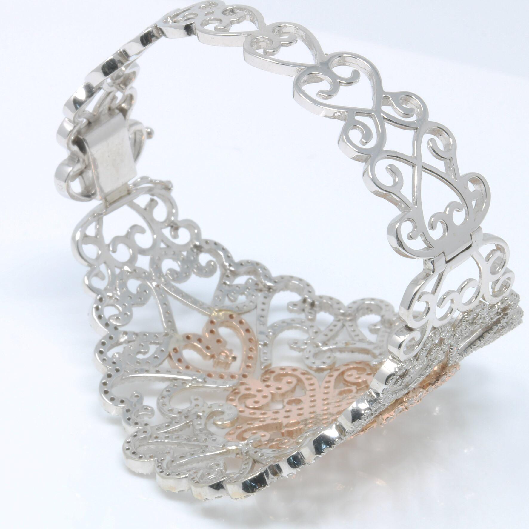 Two-Tone White and Rose Gold Filigree Diamond Bangle Cuff Bracelet In New Condition For Sale In Great Neck, NY