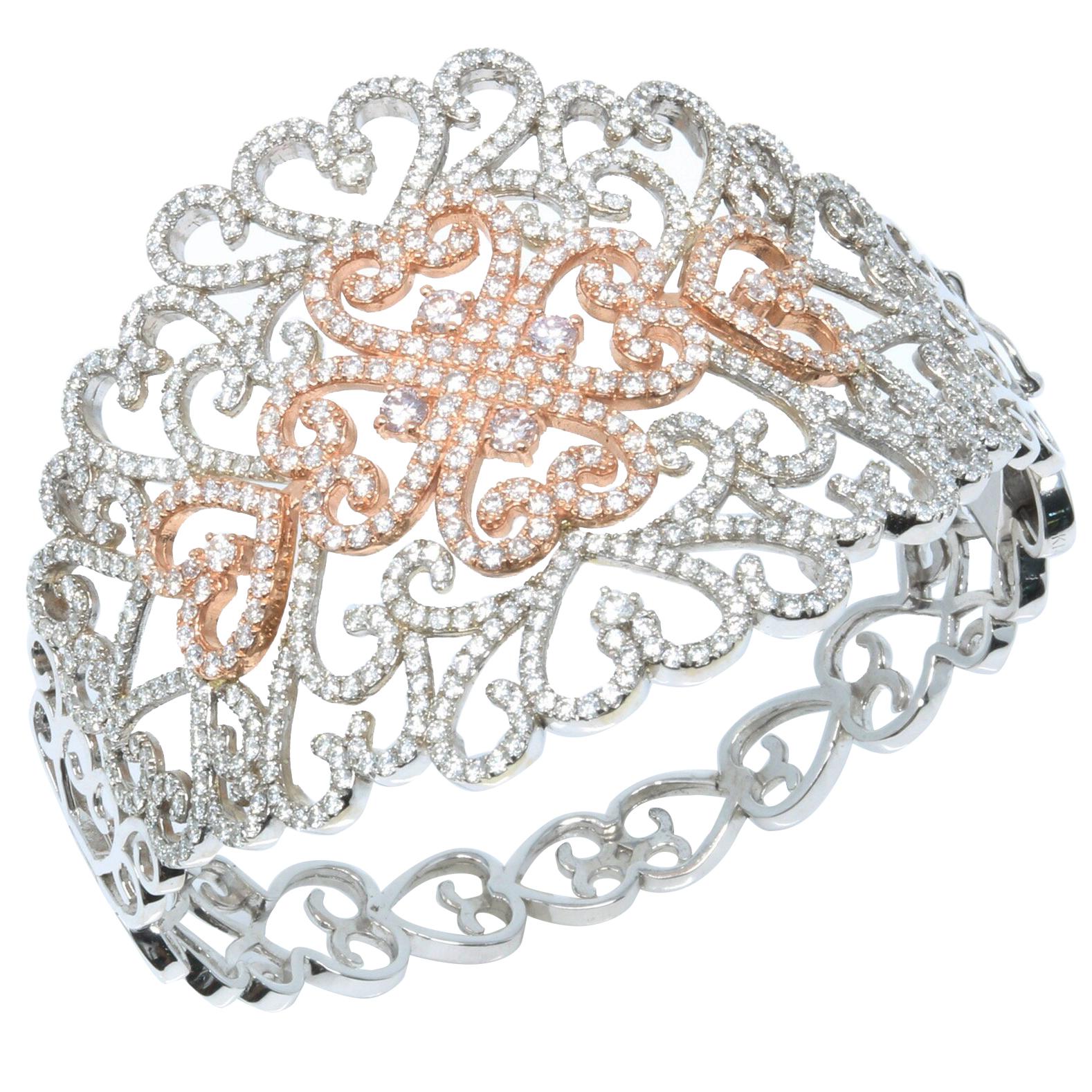 Two-Tone White and Rose Gold Filigree Diamond Bangle Cuff Bracelet For Sale
