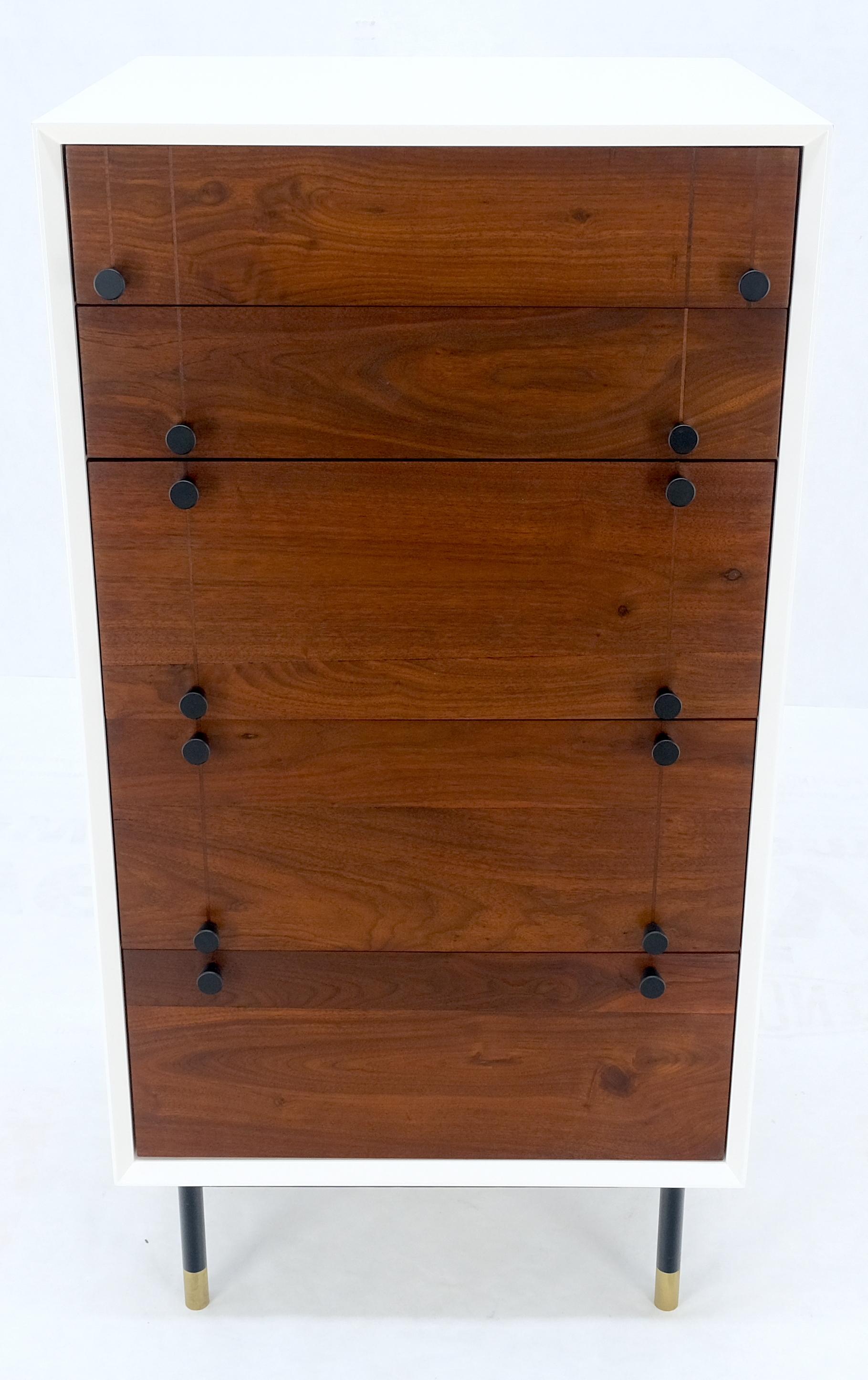 Two Tone White Lacquer Oil Walnut 5 Drawers Tall Chest Dresser Brass Tips Feet For Sale 3