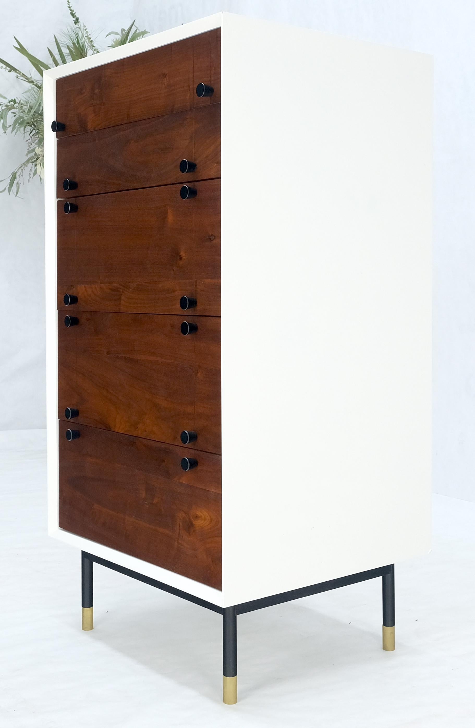 Two Tone White Lacquer Oil Walnut 5 Drawers Tall Chest Dresser Brass Tips Feet For Sale 4