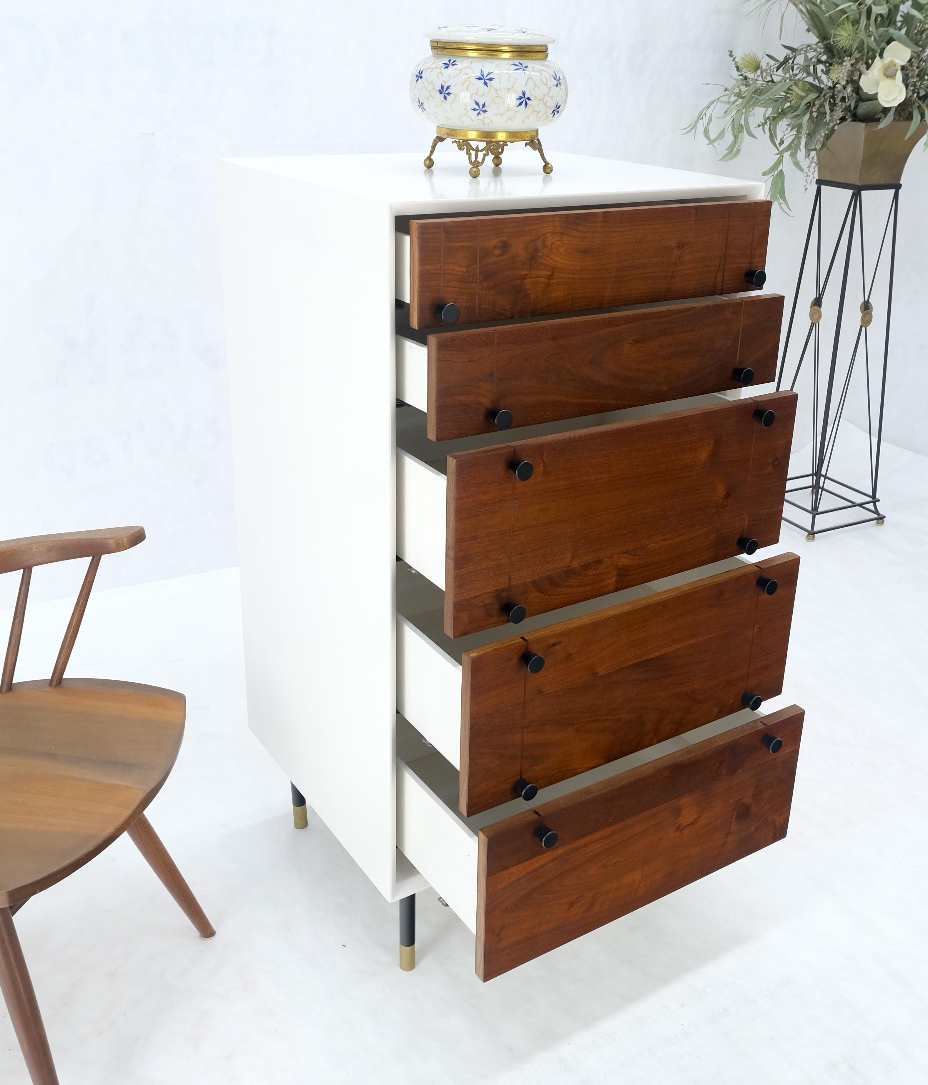 Two Tone White Lacquer Oil Walnut 5 Drawers Tall Chest Dresser Brass Tips Feet For Sale 6