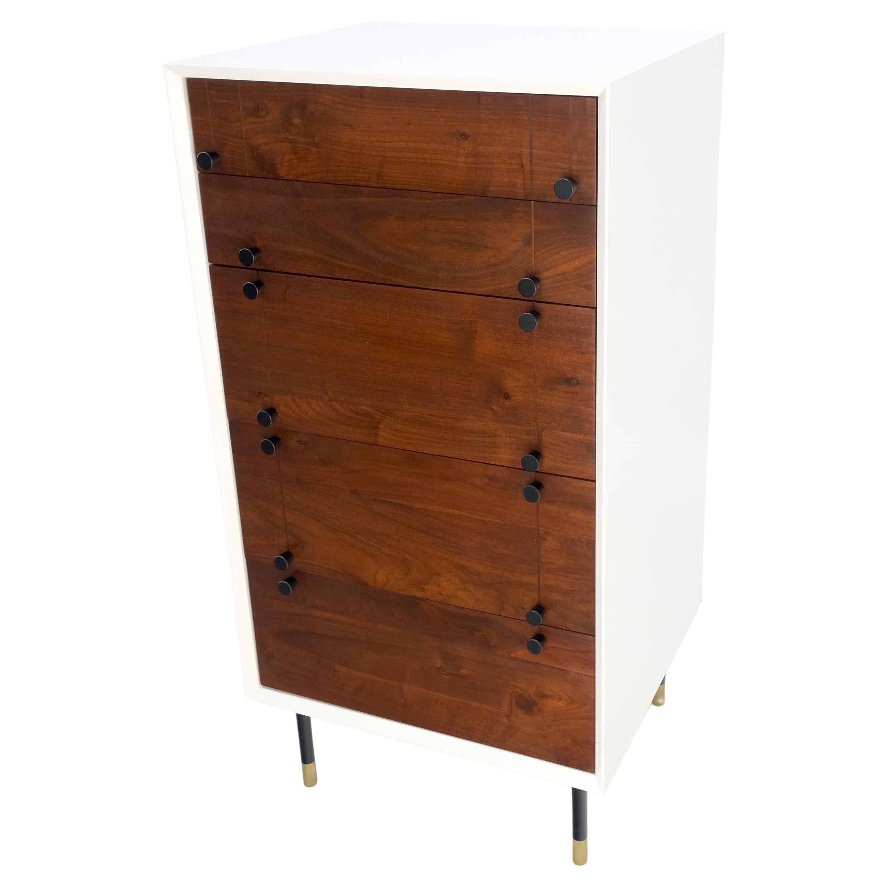 American Two Tone White Lacquer Oil Walnut 5 Drawers Tall Chest Dresser Brass Tips Feet For Sale