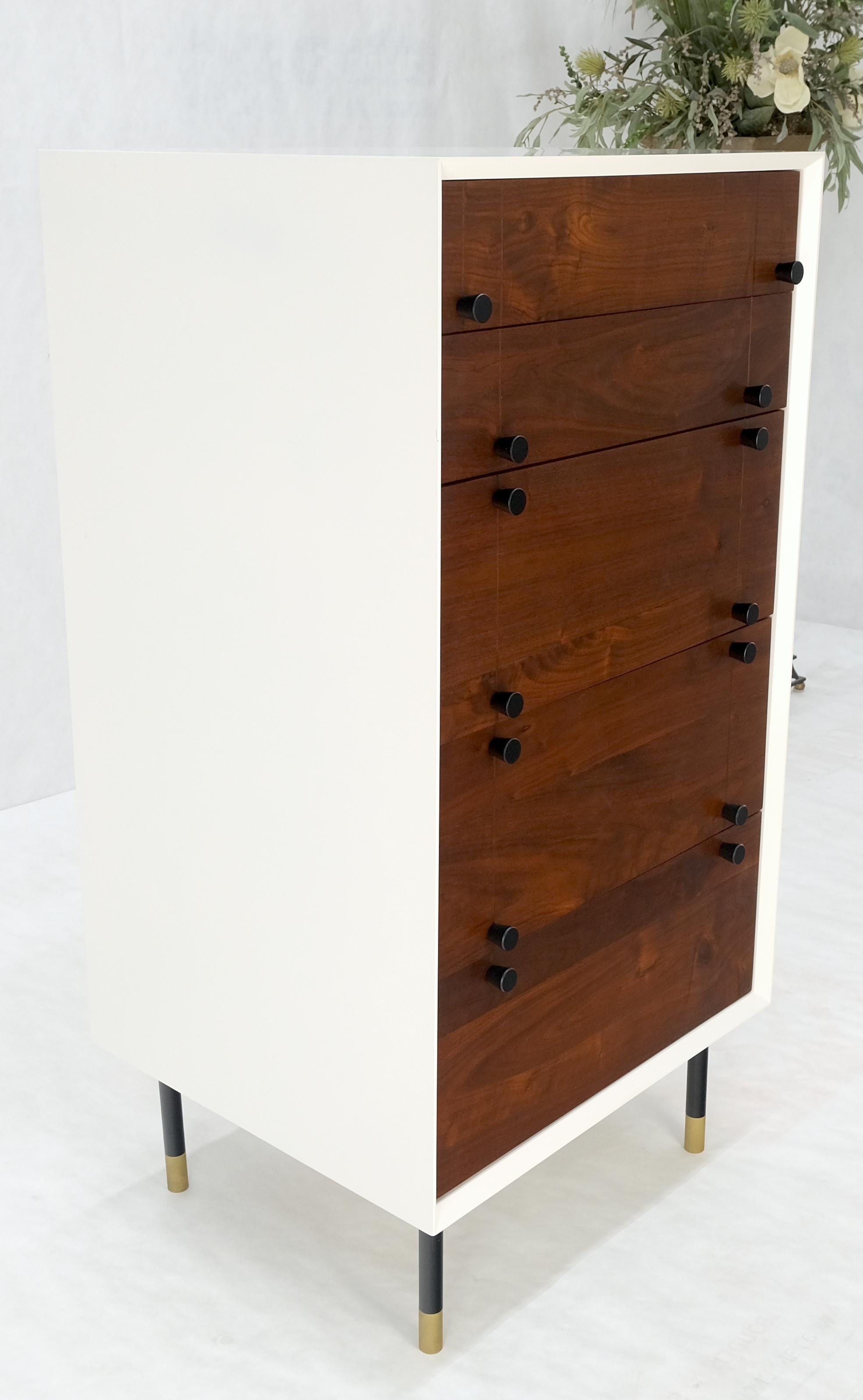 Contemporary Two Tone White Lacquer Oil Walnut 5 Drawers Tall Chest Dresser Brass Tips Feet For Sale