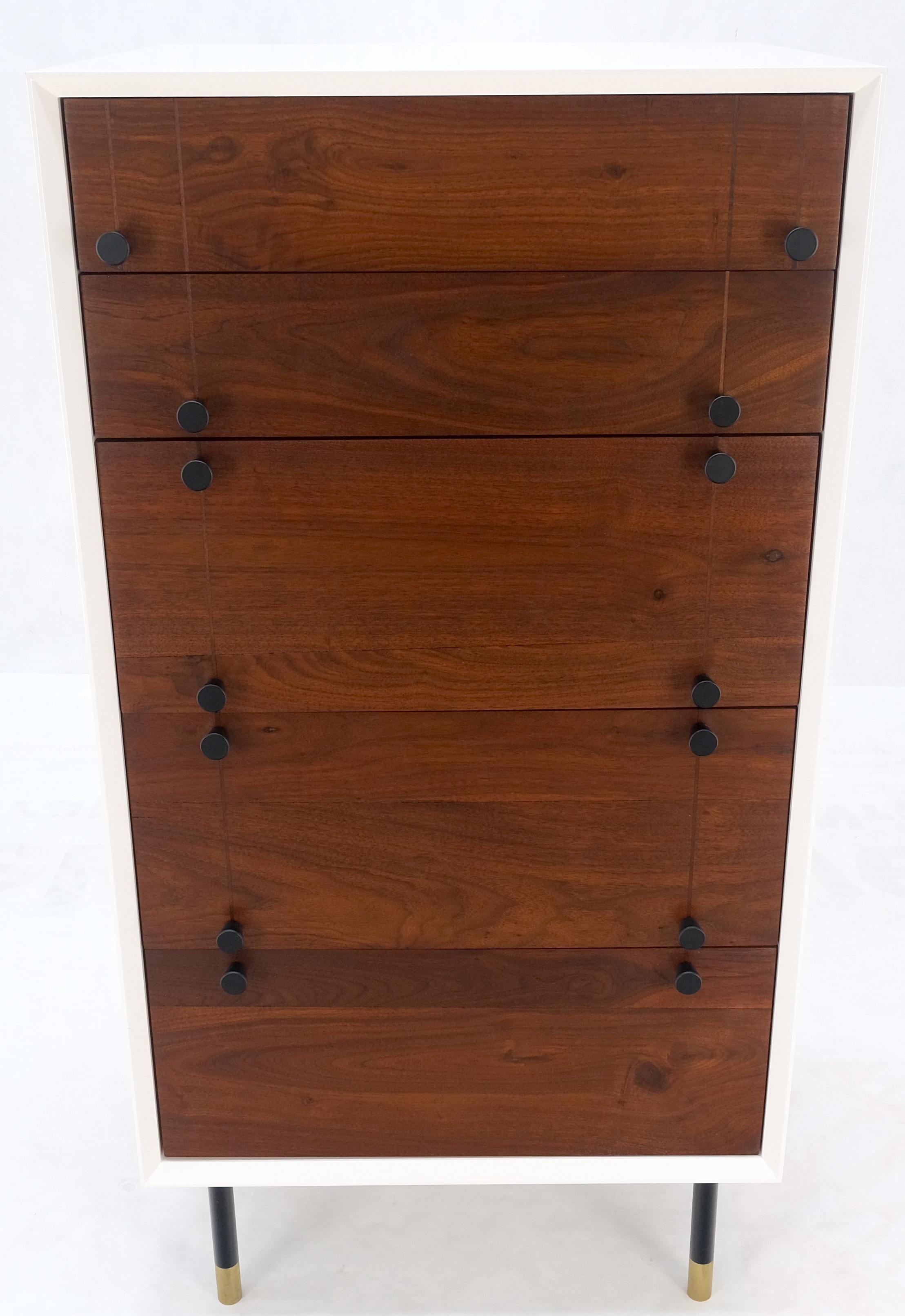 Two Tone White Lacquer Oil Walnut 5 Drawers Tall Chest Dresser Brass Tips Feet For Sale 2