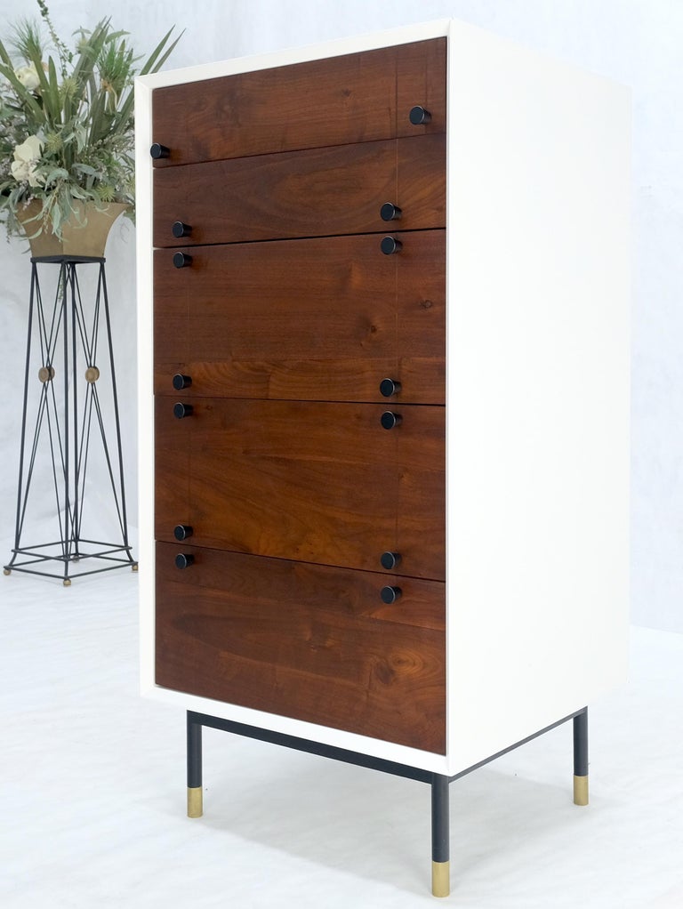 Two Tone White Lacquer Oil Walnut 5 Drawers Tall Chest Dresser Brass Tips  Feet For Sale at 1stDibs