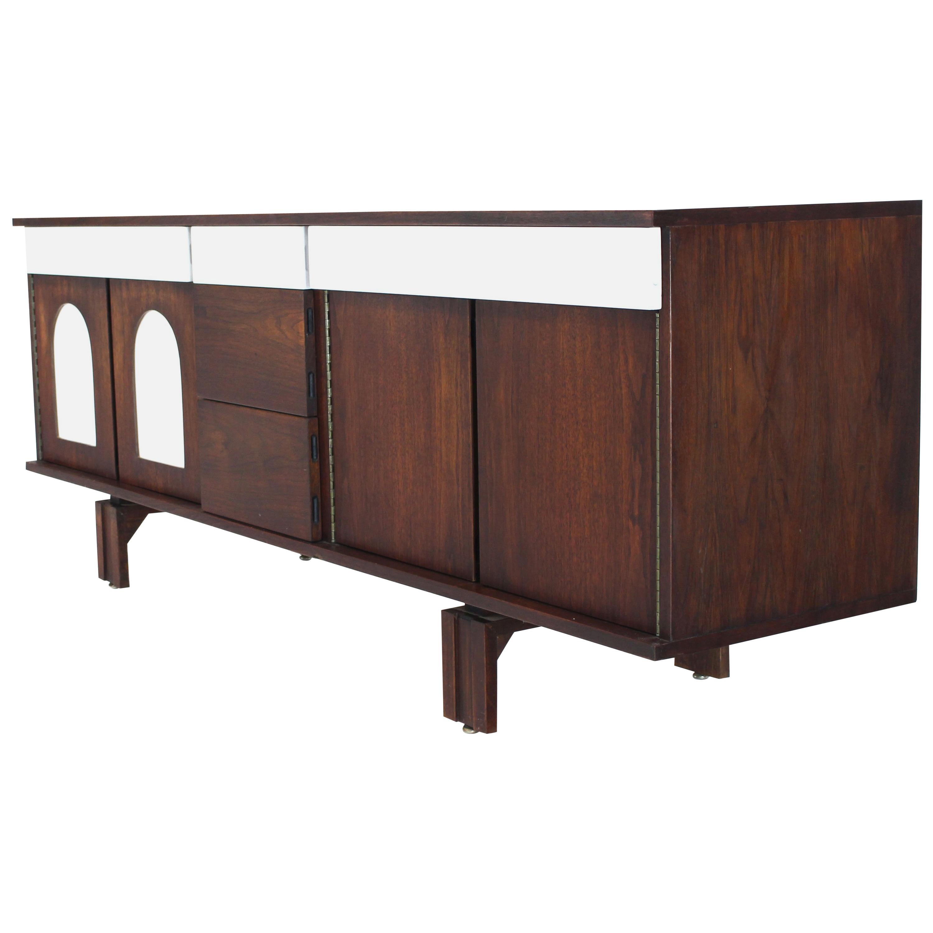 Two-Tone White Lacquer Oiled Walnut Low Long Credenza Dresser Cabinet For Sale