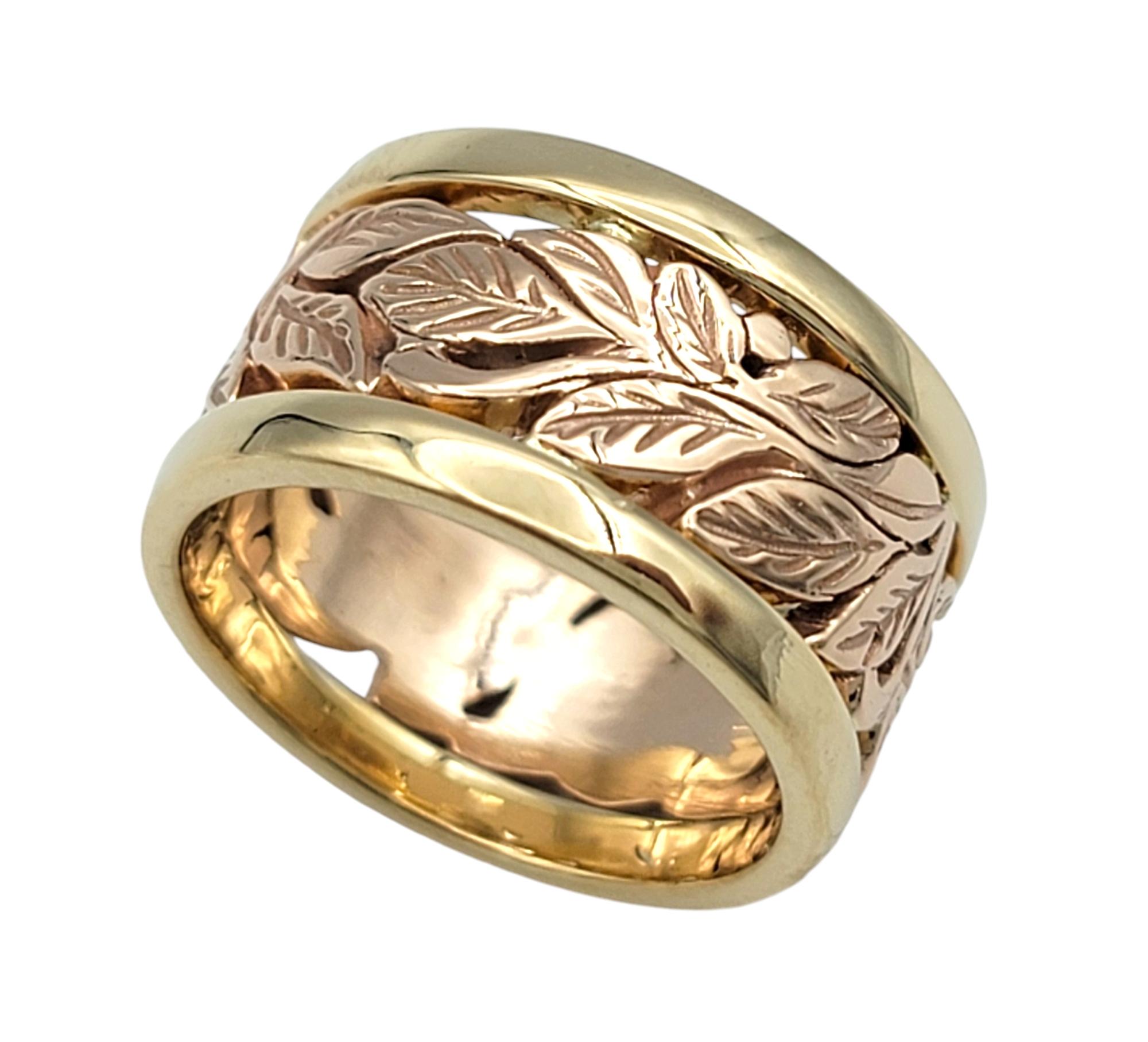 Contemporary Two-Tone Wide Band Ring with Leaf Motif in 14 Karat Rose and Yellow Gold For Sale