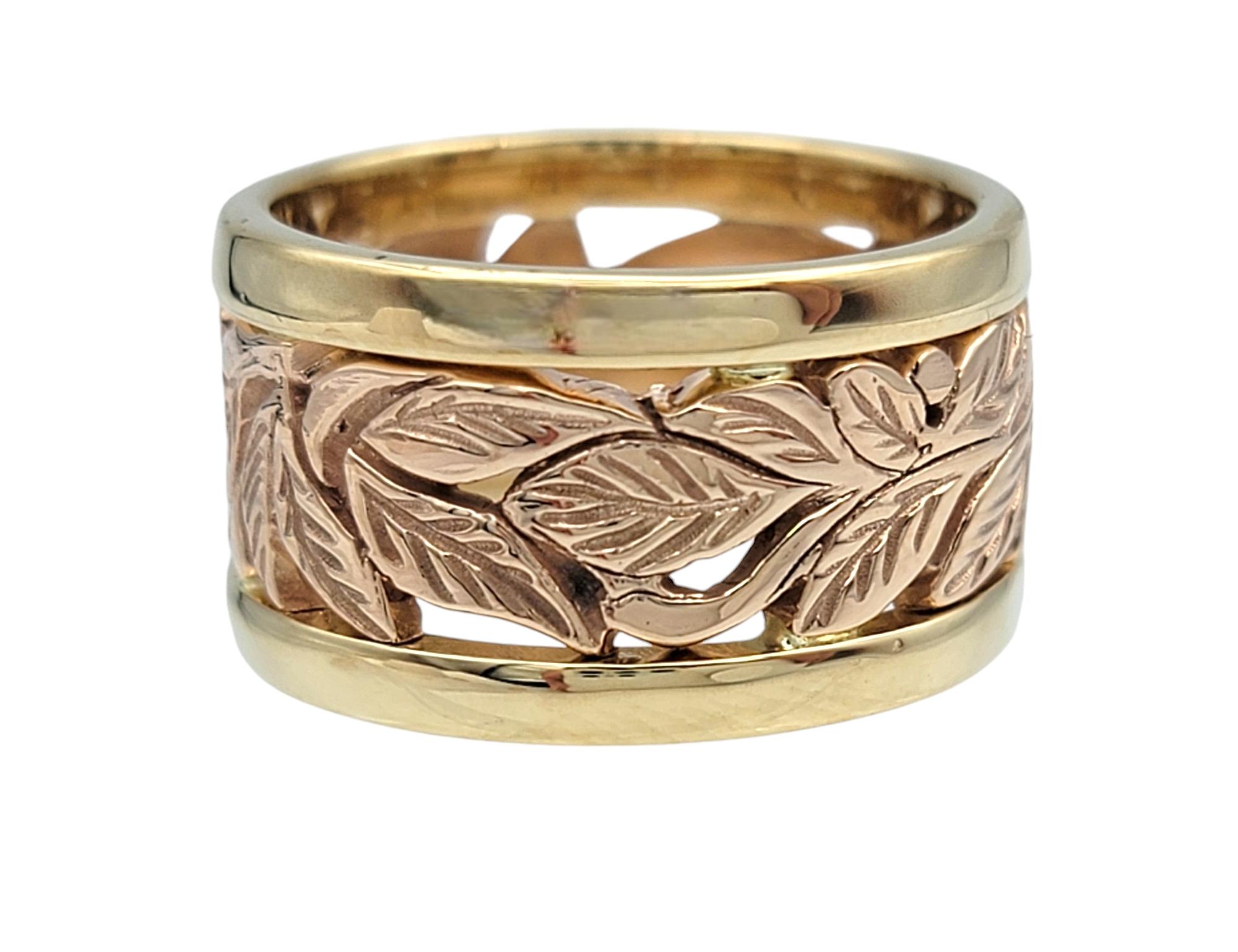 Two-Tone Wide Band Ring with Leaf Motif in 14 Karat Rose and Yellow Gold In Good Condition For Sale In Scottsdale, AZ