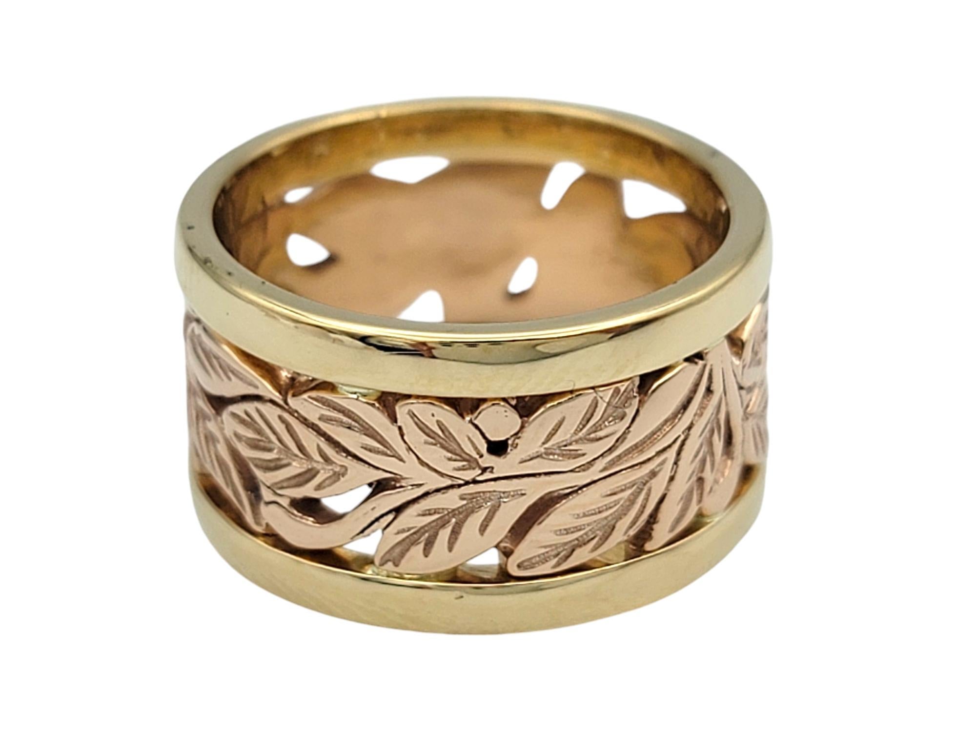 Women's Two-Tone Wide Band Ring with Leaf Motif in 14 Karat Rose and Yellow Gold For Sale