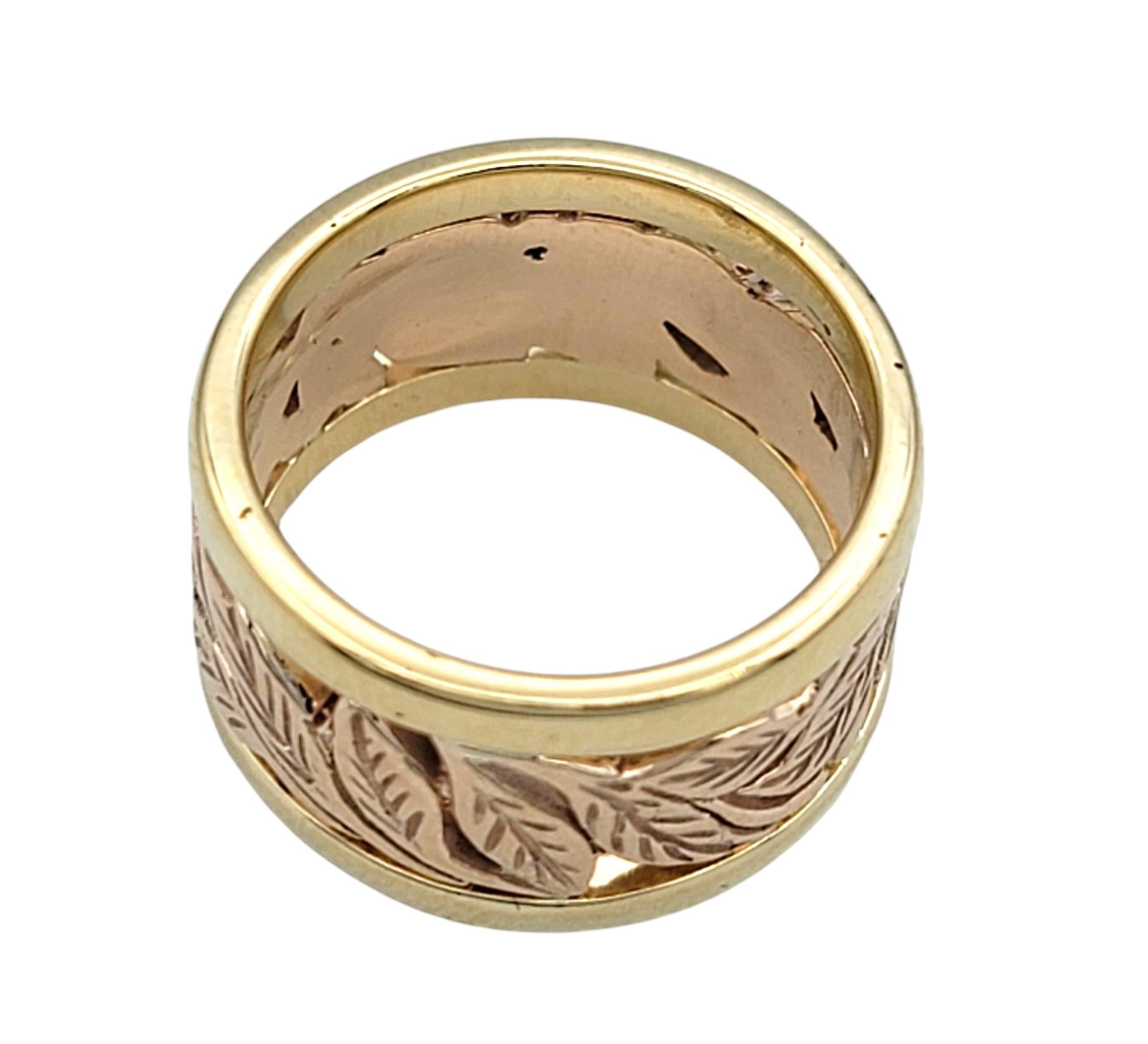Two-Tone Wide Band Ring with Leaf Motif in 14 Karat Rose and Yellow Gold For Sale 1