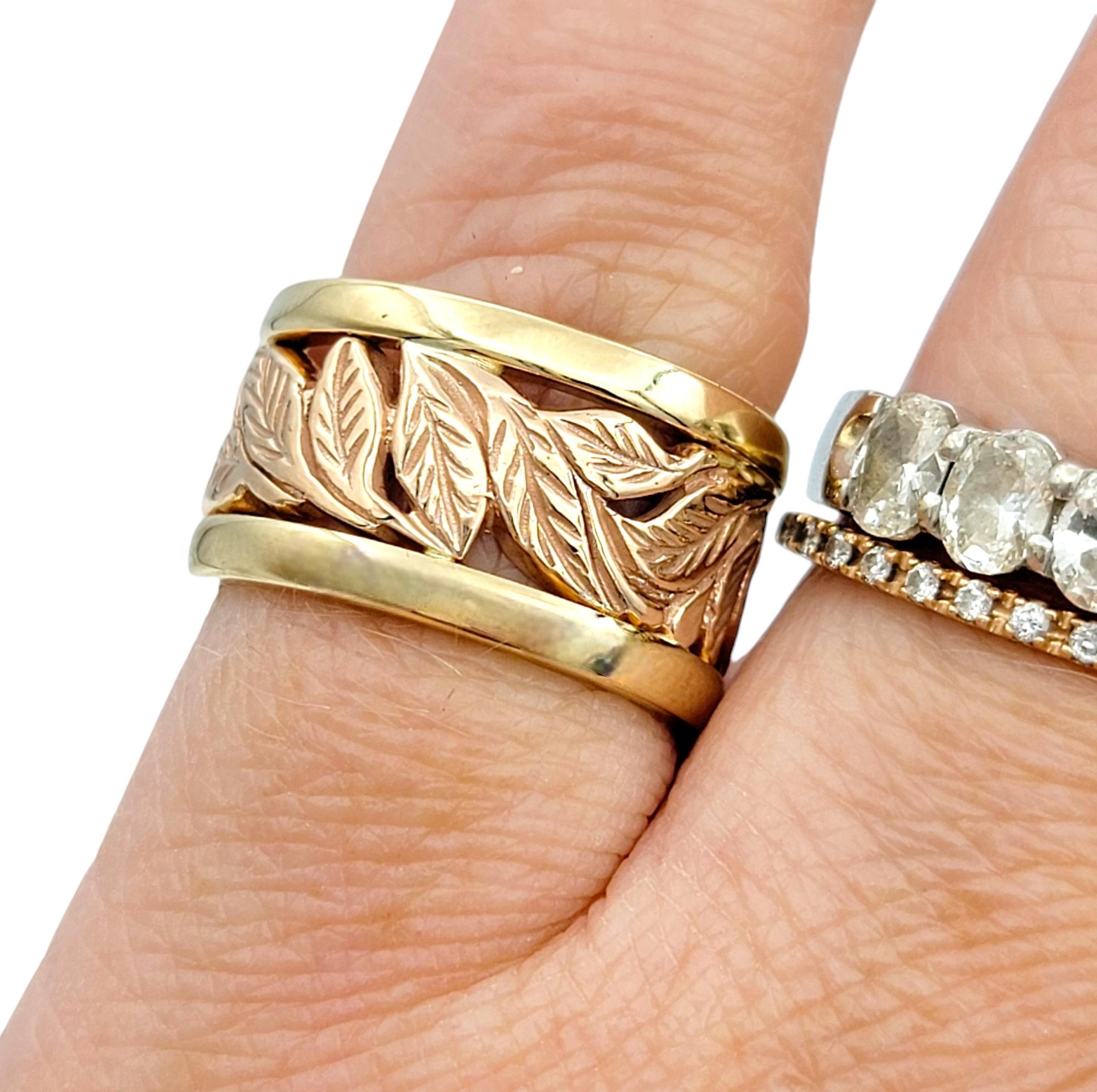 Two-Tone Wide Band Ring with Leaf Motif in 14 Karat Rose and Yellow Gold For Sale 2