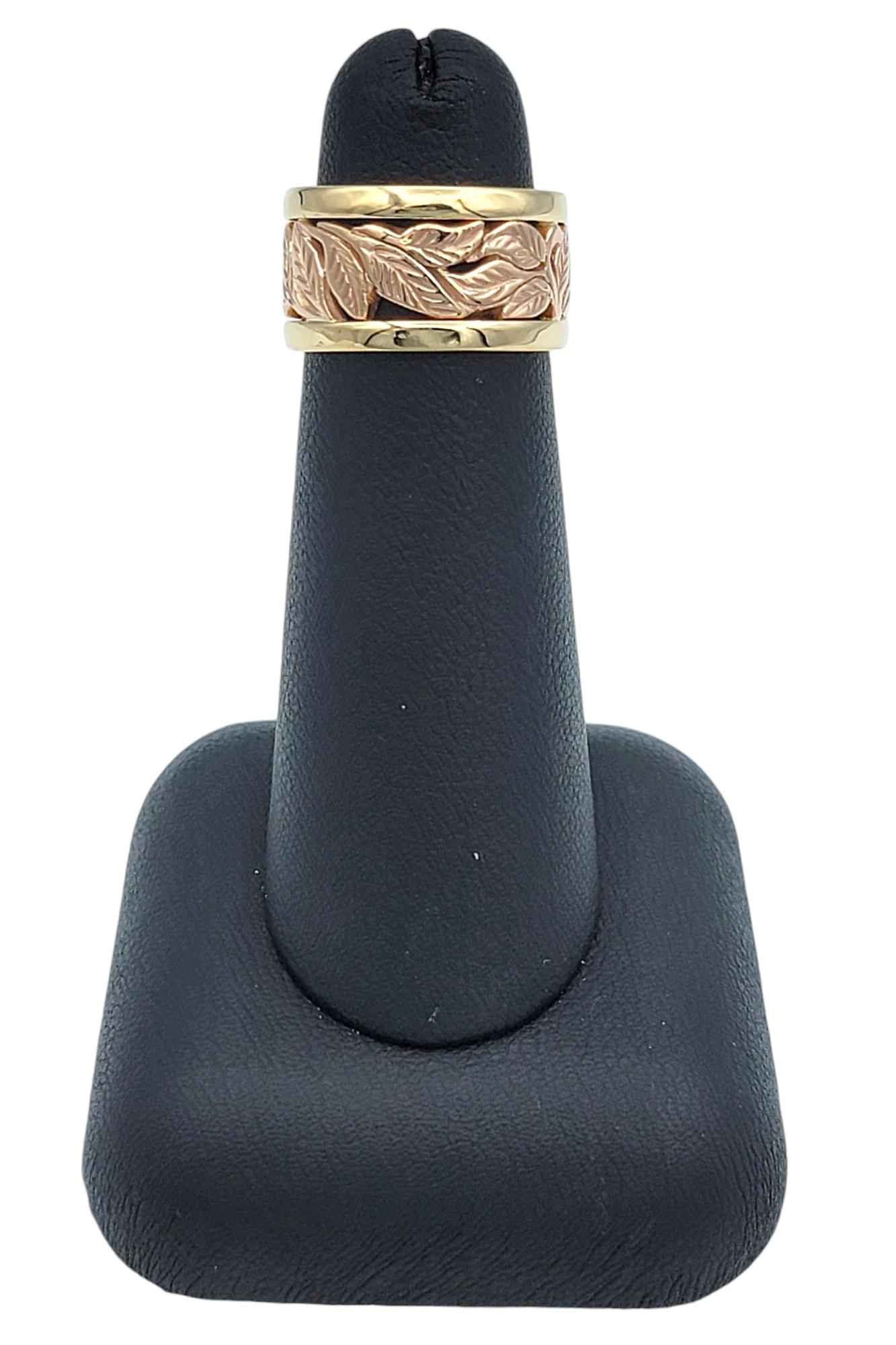 Two-Tone Wide Band Ring with Leaf Motif in 14 Karat Rose and Yellow Gold For Sale 3