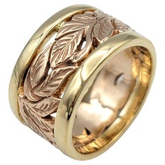 Zweifarbiger breiter Ring mit Blattmotiv aus 14 Karat Roségold und Gelbgold