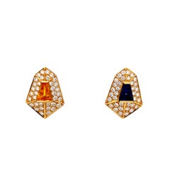 Two-Tone Yellow and Blue Sapphire & Diamond Earrings in 18K Yellow Gold, 5.00 Ct