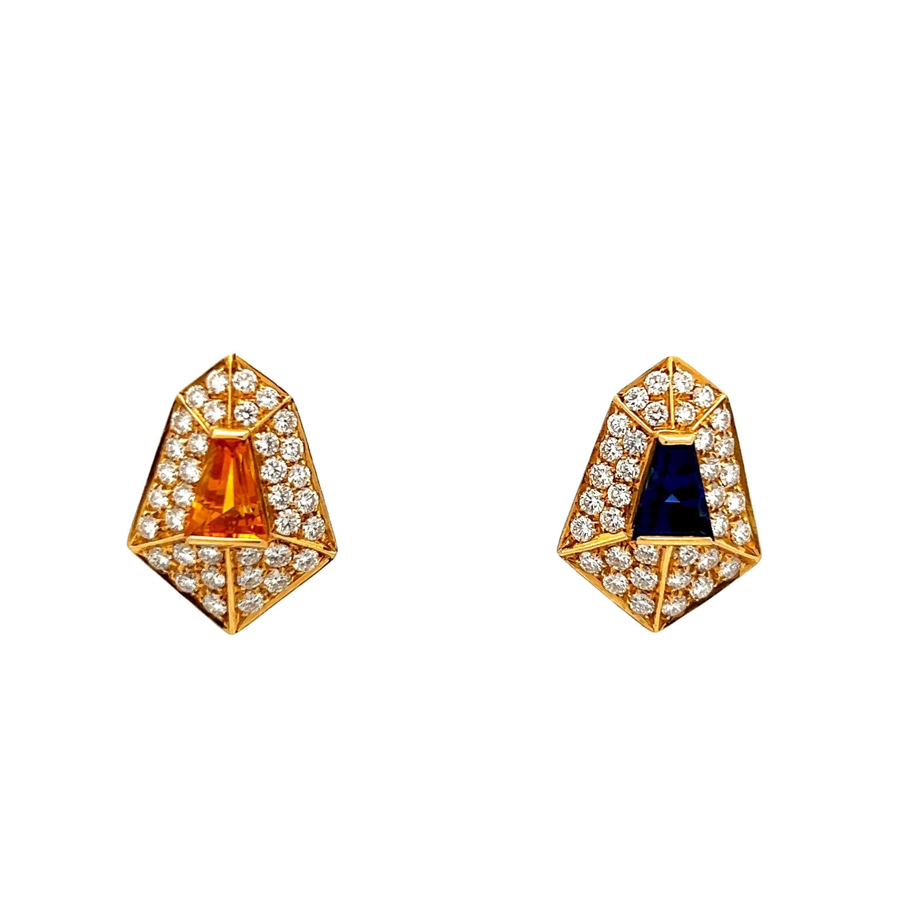 Zweifarbige Ohrringe mit gelbem und blauem Saphir und Diamant aus 18 Karat Gelbgold, 5,00 Karat im Zustand „Hervorragend“ im Angebot in Miami, FL