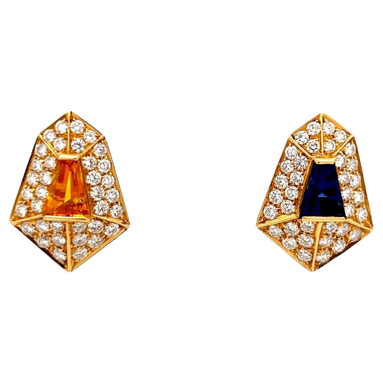 Zweifarbige Ohrringe mit gelbem und blauem Saphir und Diamant aus 18 Karat Gelbgold, 5,00 Karat im Angebot