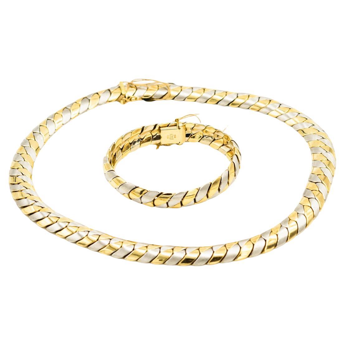 Two Tone Yellow and White Gold Italian Braid Necklace & Bracelet Suite For Sale