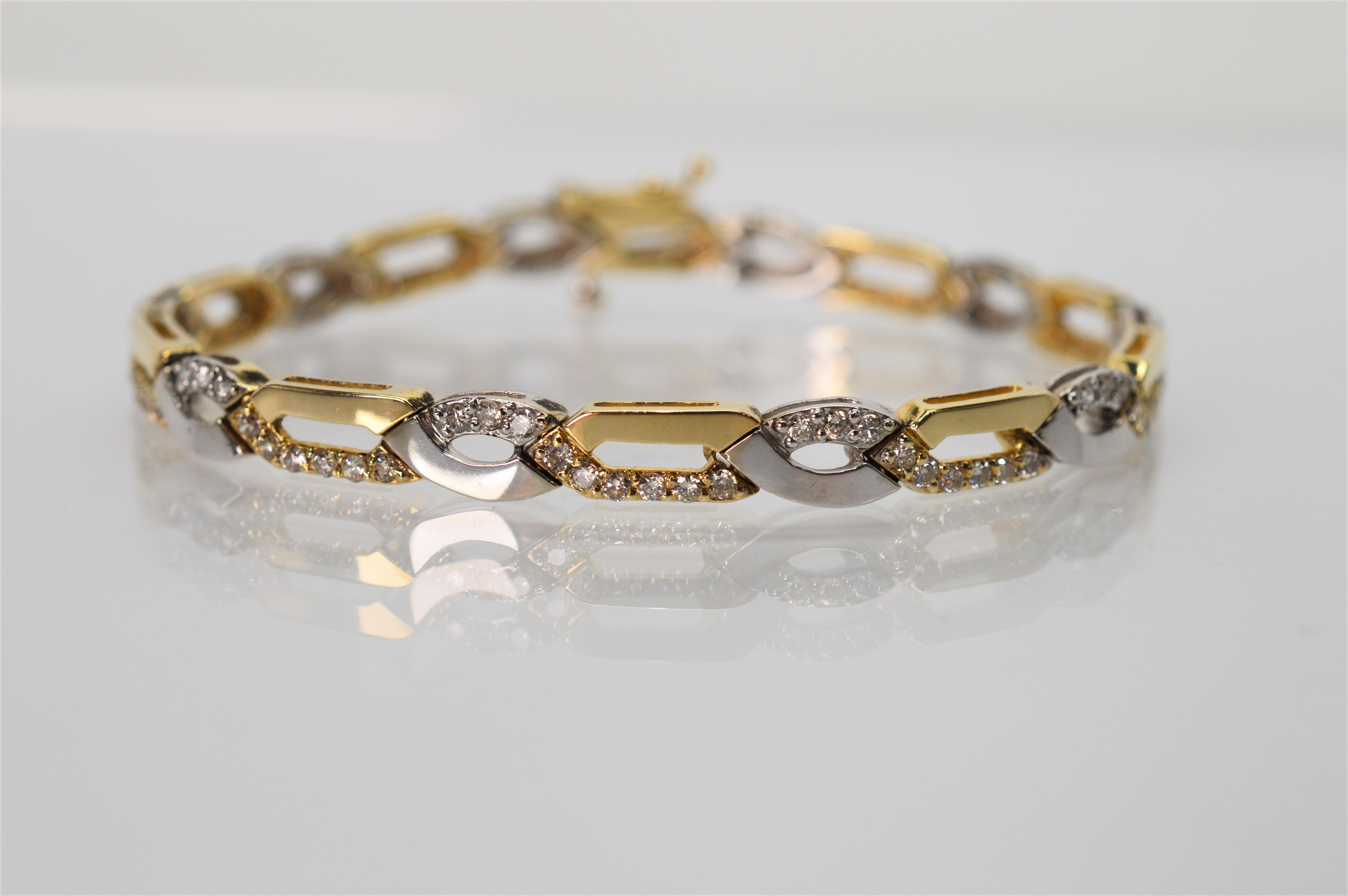 Two-Tone Yellow and White Gold Link Bracelet with Diamond Accents In Good Condition In Mount Kisco, NY