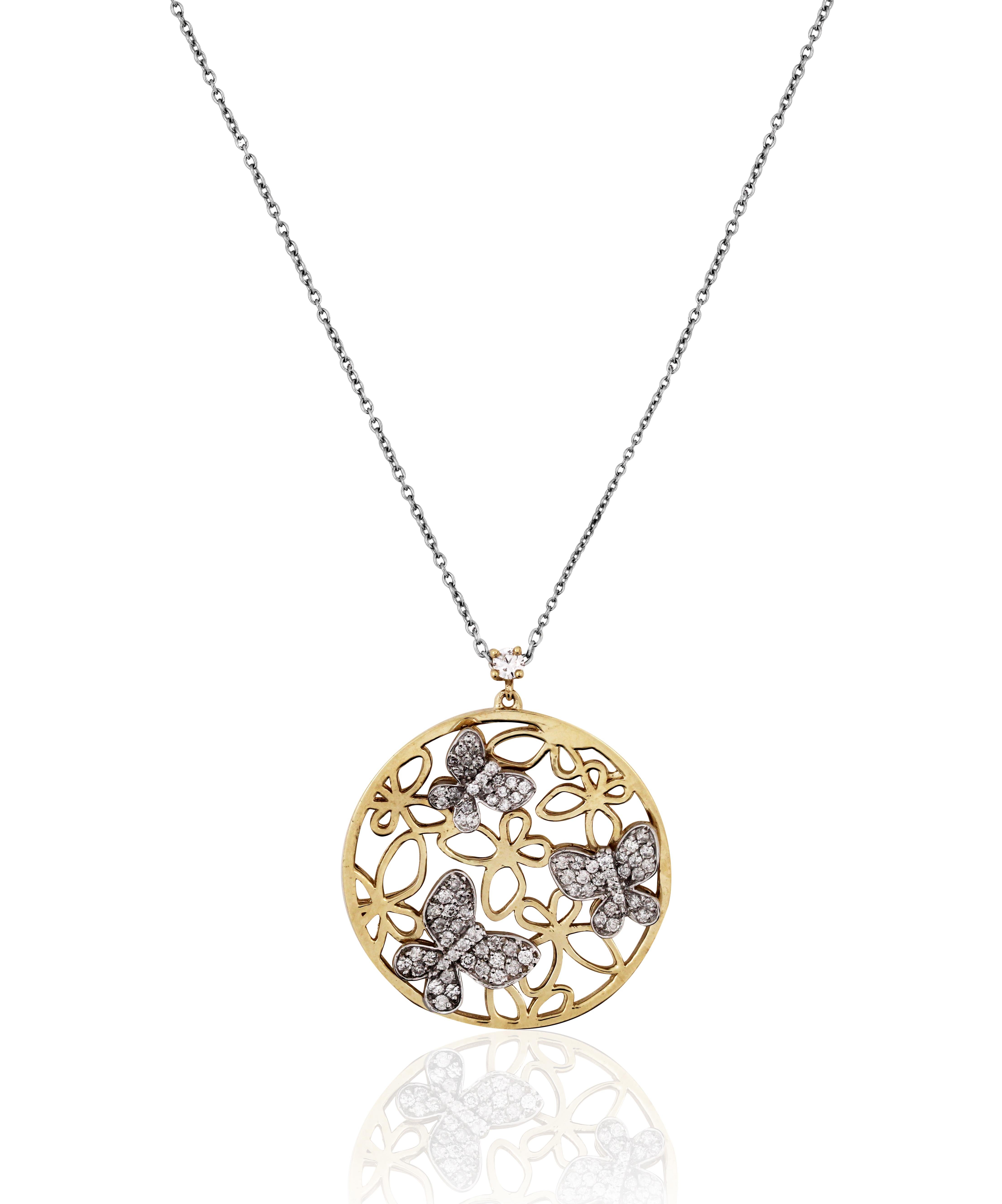 14K Two-Tone Yellow White Gold and Diamond Butterfly Disk Pendant Necklace

0.49 carat H color, SI clarity diamonds

7.90 grams 14K gold

Pendant is 1.2 inch length x 1 inch width

Chain is 17 inches in length with option to wear at 16 inches