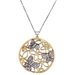 Two-Tone Yellow White Gold and Diamond Butterfly Disk Pendant Necklace